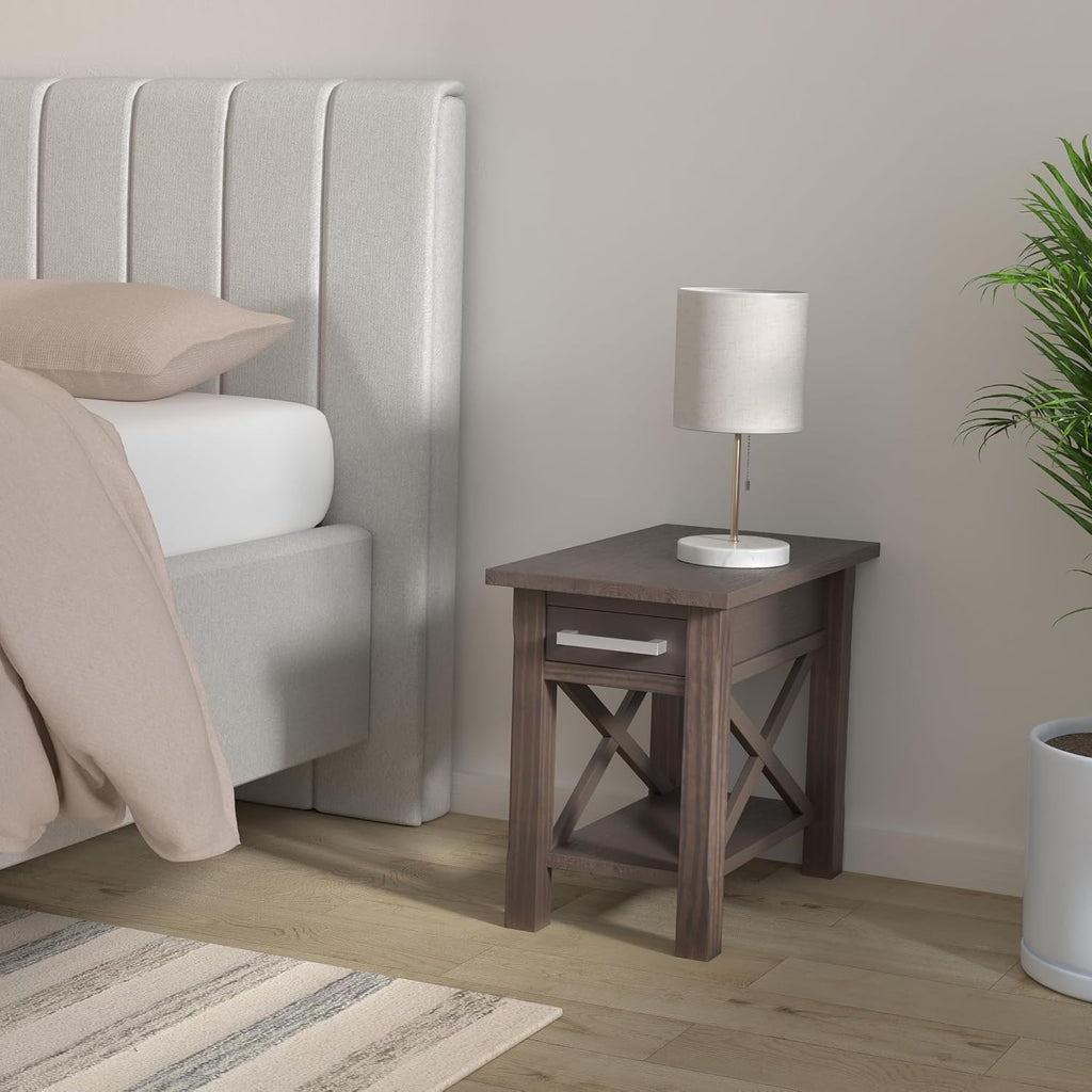 SIMPLIHOME Kitchener End Table - 14 inch Wide Solid Wood Narrow Accent Table with Drawer and Open Shelf in Warm Walnut Brown, Contemporary Nightstand with X-Design for Living Room or Bedroom