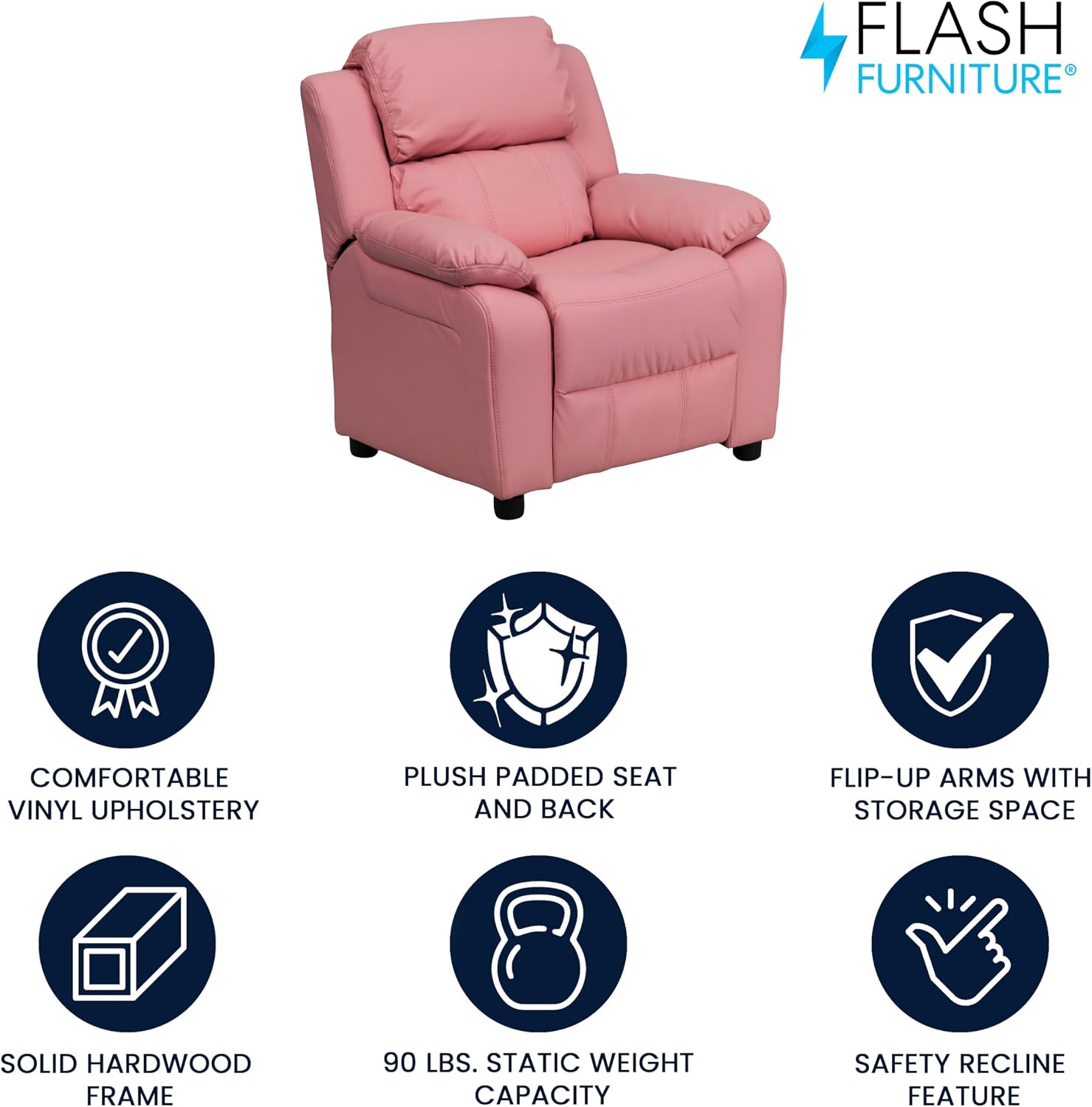 Flash Furniture Charlie Vinyl Kids Recliner with Flip-Up Storage Arms and Safety Recline, Contemporary Reclining Chair for Kids, Supports up to 90 lbs., Pink
