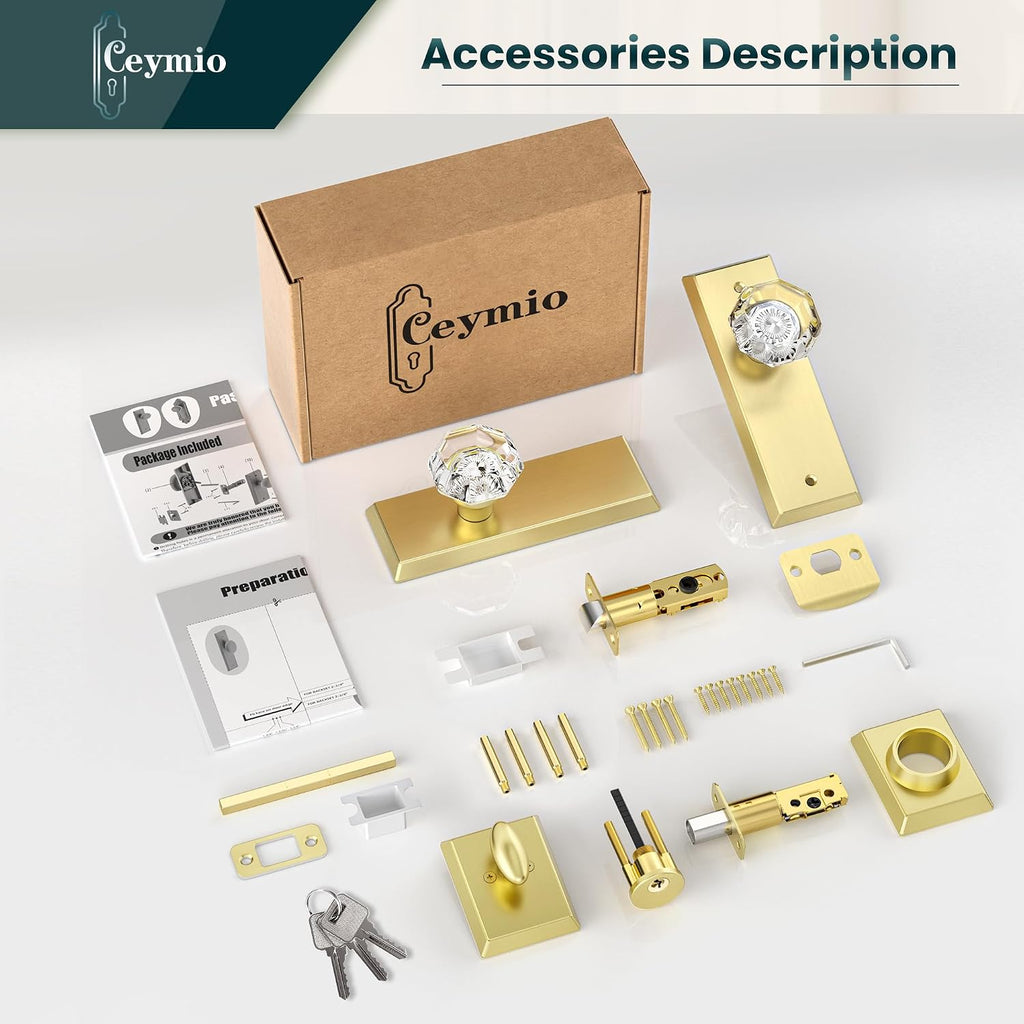 Glass Door Knobs with Single Cylinder Deadbolt Lock Set - Brushed Gold Crystal Passage Knob for Interior/Exterior Doors - Vintage Diamond Bedroom Bathroom Closet Handles