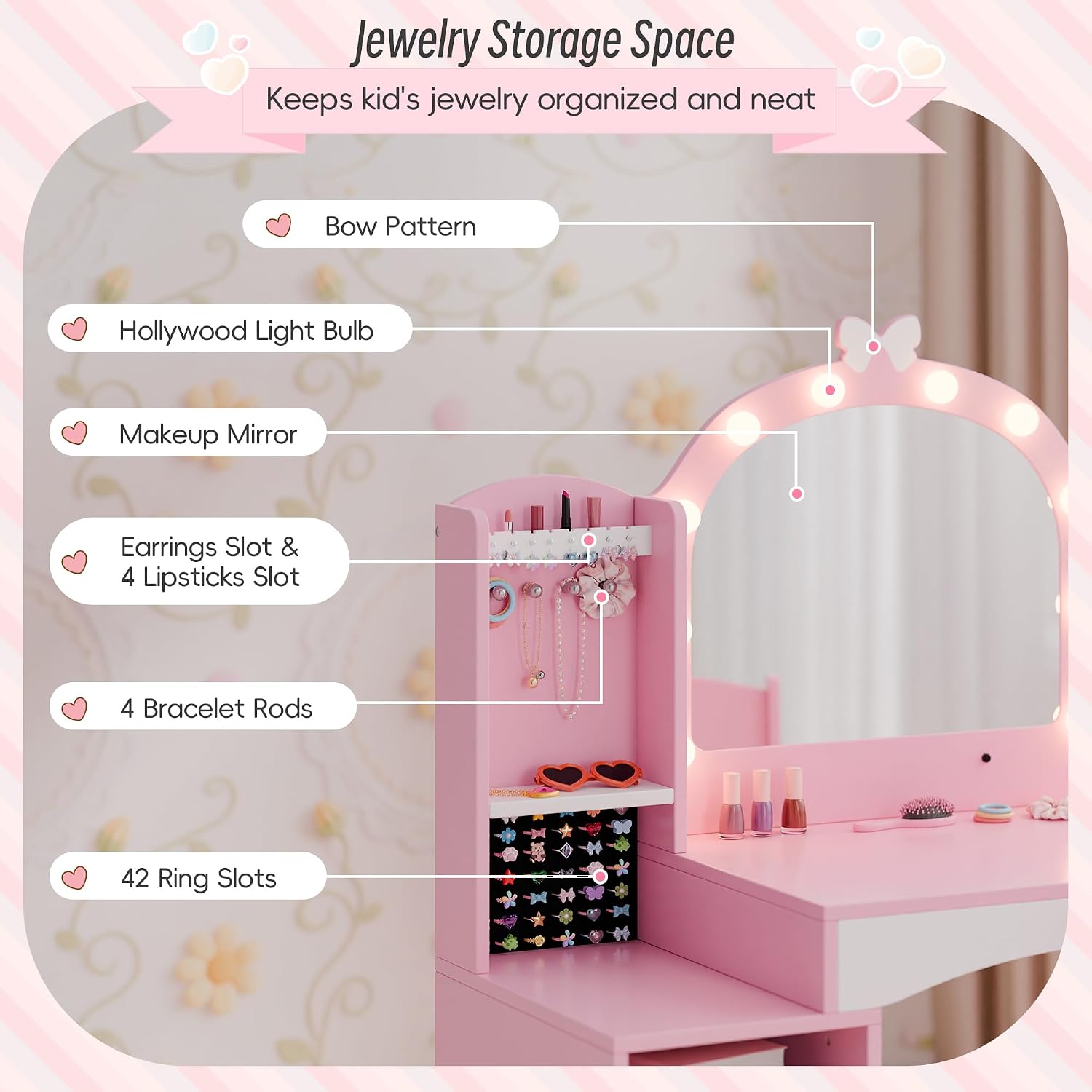 Girls Vanity Table and Chair Set, Kids Vanity with Jewelry Organizer for Princess, Toddler Makeup Vanity Desk with Open Shelf, Closed Cabinet and Butterfly Pattern, Pink