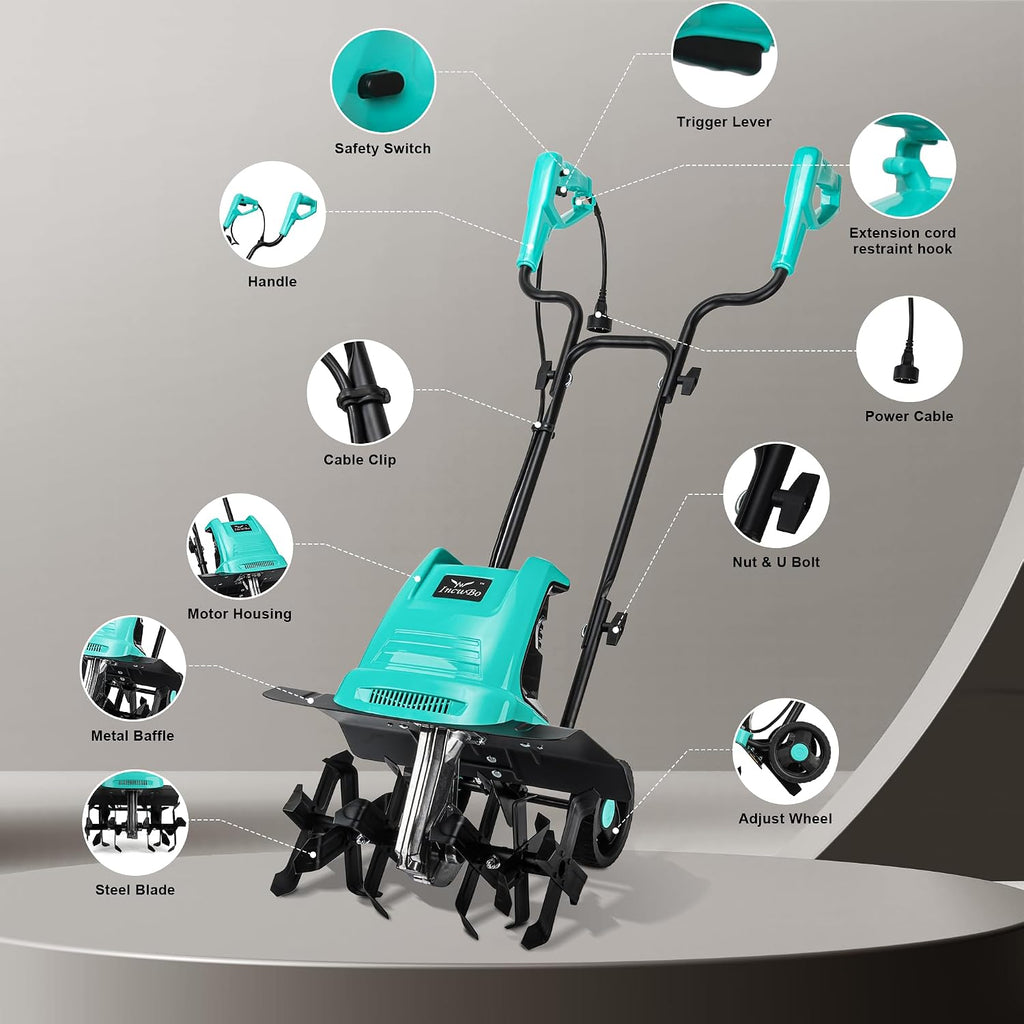 IncwBo Tiller 13.5AMP Rototiller for Garden Corded Electric Tiller Garden Electric Cultivator 8Inch Depth 16Inch Width Tiller for Garden Yard