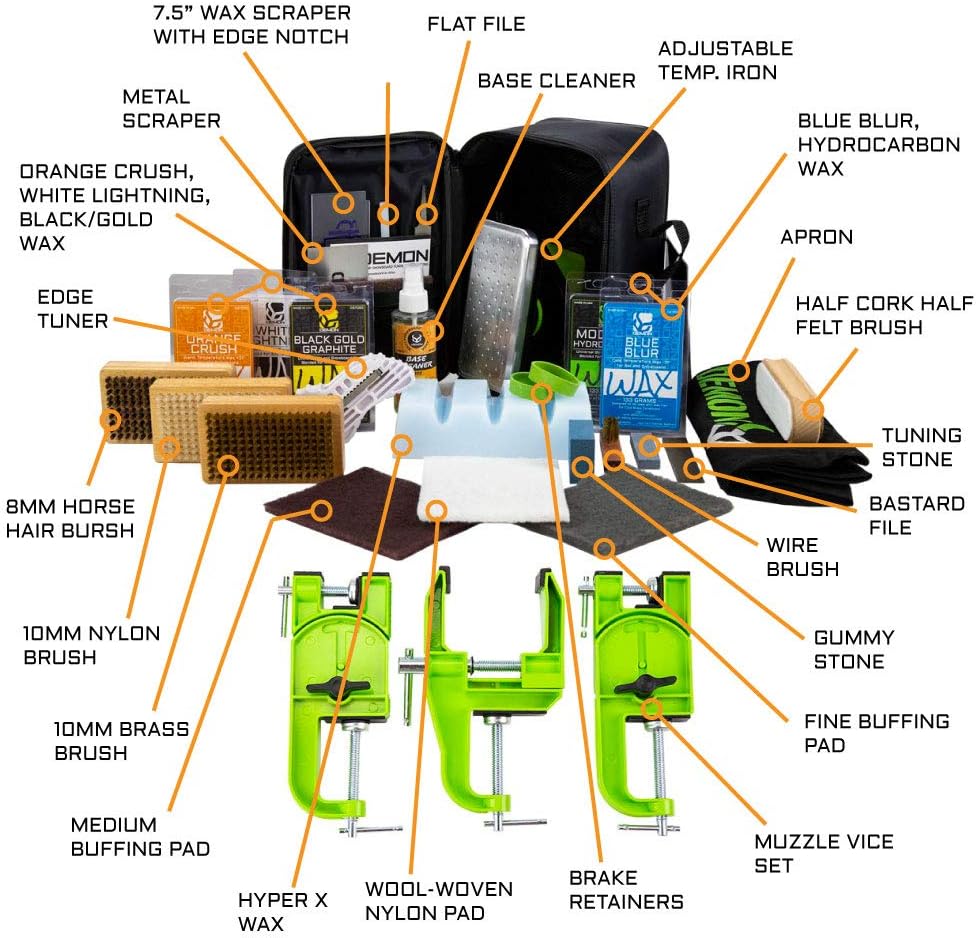 DEMON UNITED Elite Ski and Snowboard Tune Kit- Includes 3 pcs Metal Vise, Iron, 2.25lbs of Wax, Apron and Brush Kit
