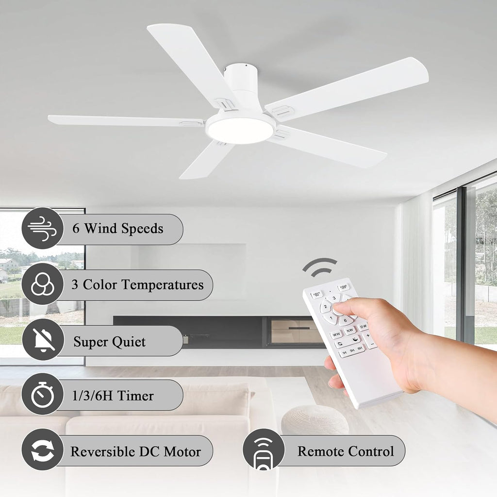 SNJ 60 Inch White Ceiling Fans with Lights and Remote,Flush Mount Low Profile 5 Blades Ceiling Fan,Dimmable Quiet Reversible DC Motor for,Living Room,Bedroom and Patio