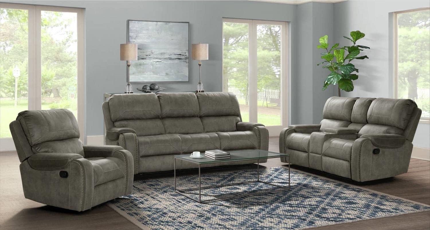 Sunset Trading Calvin 3 Piece Reclining Living Room Set | Sofa, Recliner and Loveseat | Gray Upholstery with Nailheads, Gray with Brass Nailheads, 6-Seater Home Theater Furniture