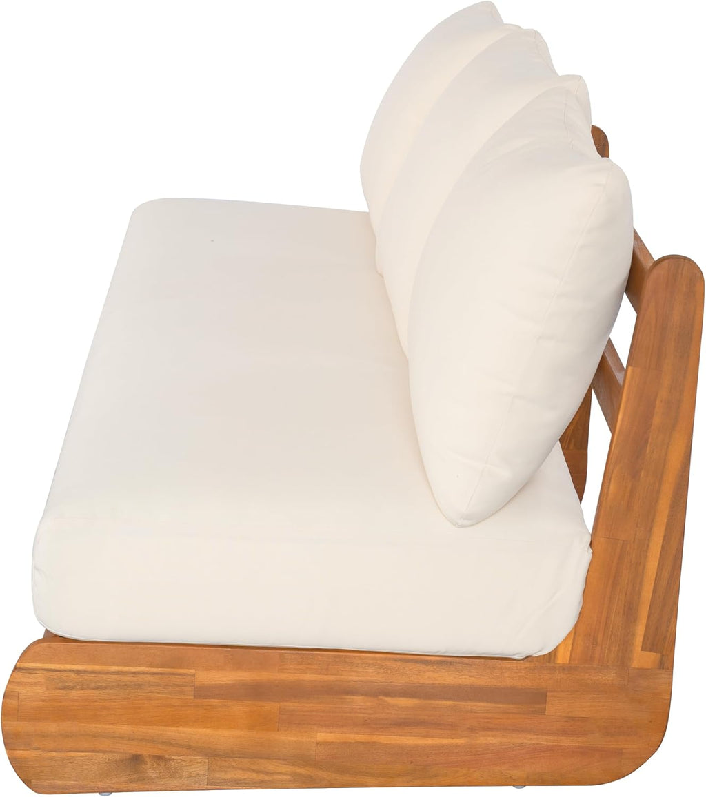 Christopher Knight Home Poppy Acacia Wood Outdoor 3 Seater Sofa with Cushion, Wooden Patio Sofa Couch with Cushion, Comfy Armless Cloud Sofa Couch, Patio Furniture Sofa Set, Teak+Beige