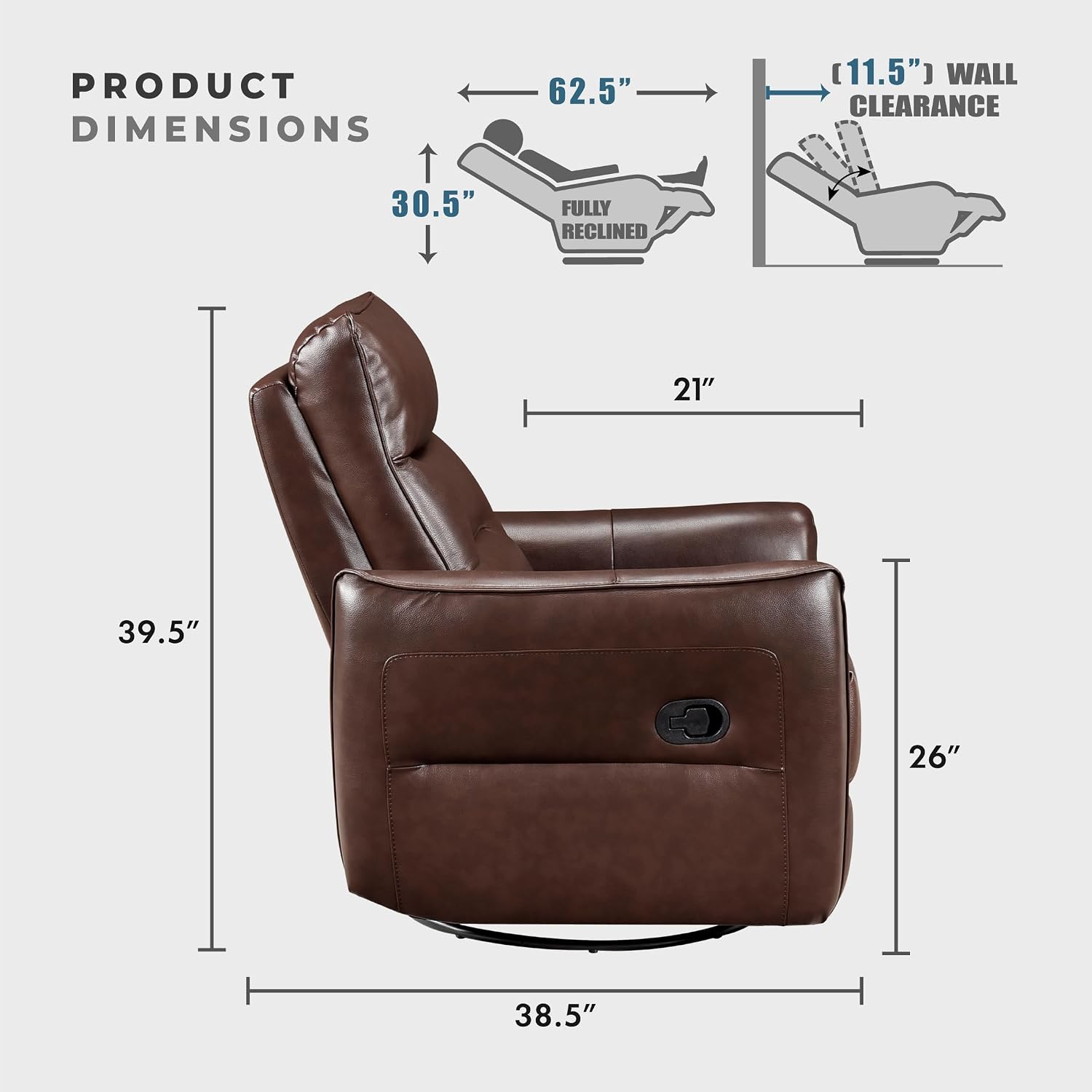 Lexicon Swivel Glider Reclining Chair, Top Grain Leather Match Manual Recliner, Comfy Nursery Glider Recliner, Swivel Reclining Chair for Living Room/Office/Bedroom/Apartment, Brown