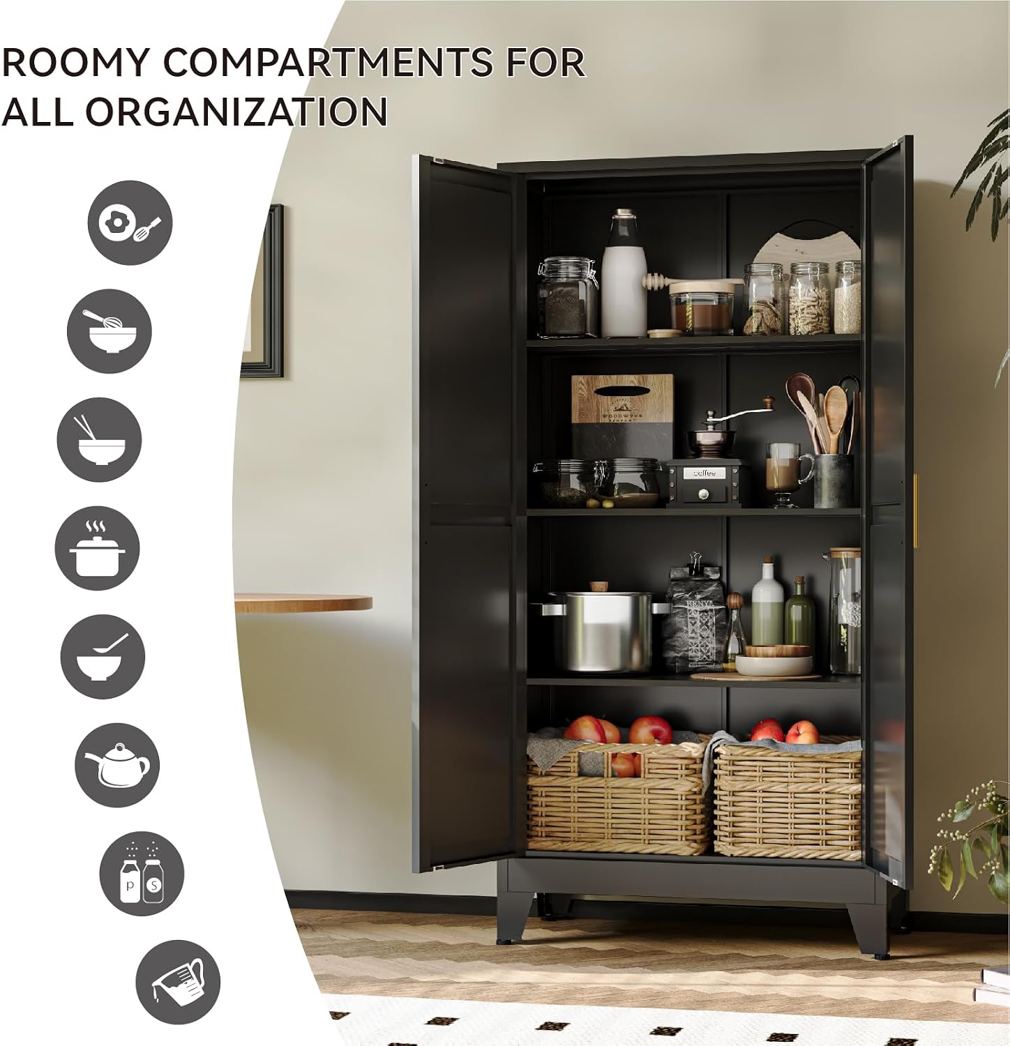 COFaR 61' Metal Pantry Cabinet in Black, Modern Storage Cabinet with Adjustable Shelves, Sturdy Metal Cupboard for Kitchen, Office, Living Room & Bathroom Organization