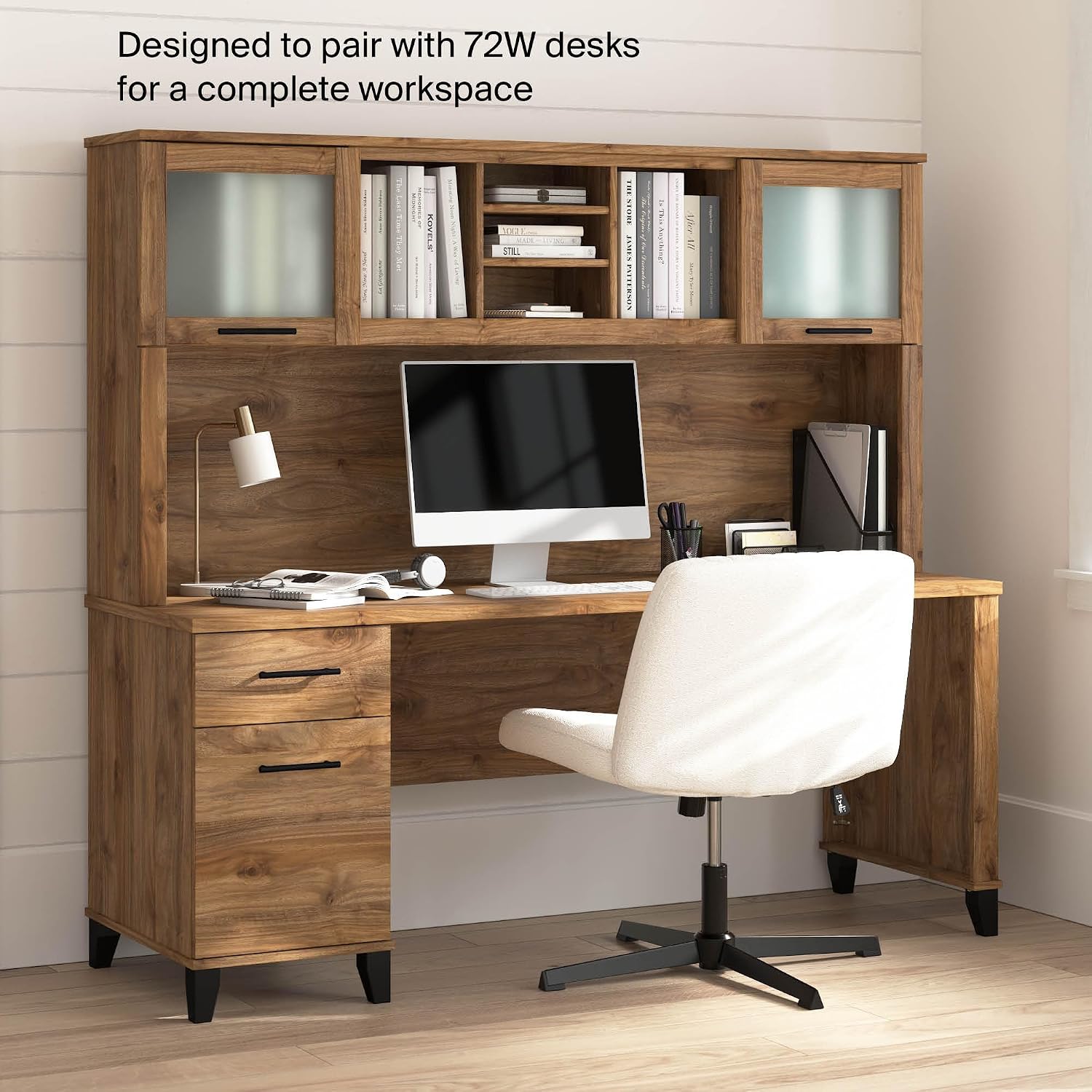 Bush Home 72-Inch Desk Hutch, Office Storage Organizer with Shelves, Cubbies and Frosted Glass Doors for Computer Desk, Home Office Furniture, Somerset Collection, Fresh Walnut