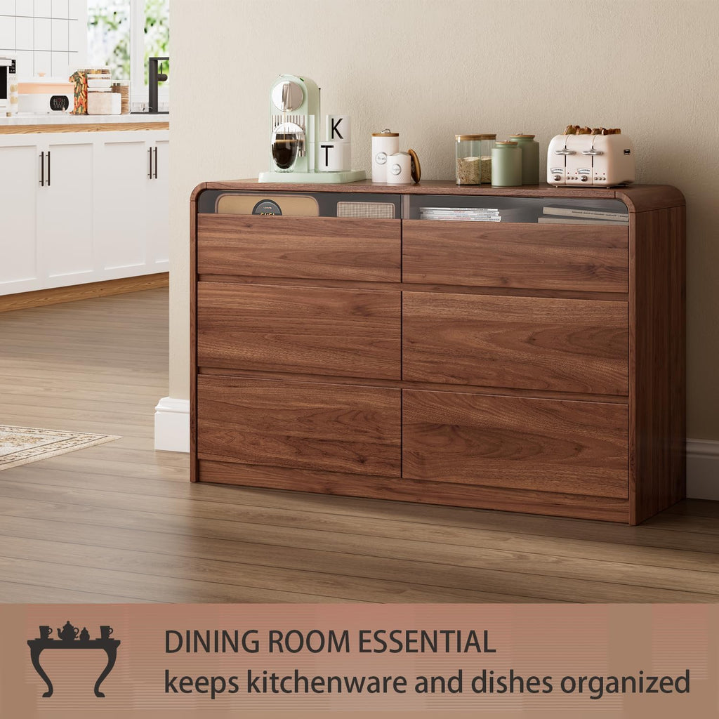 Ieejdn 47.2' Dresser with 6 Drawer, Wide Dresser with Recessed Glass Display & Silent Metal Rails, Handleless Chest of Drawers for Clothes, and Bedding, Walnut