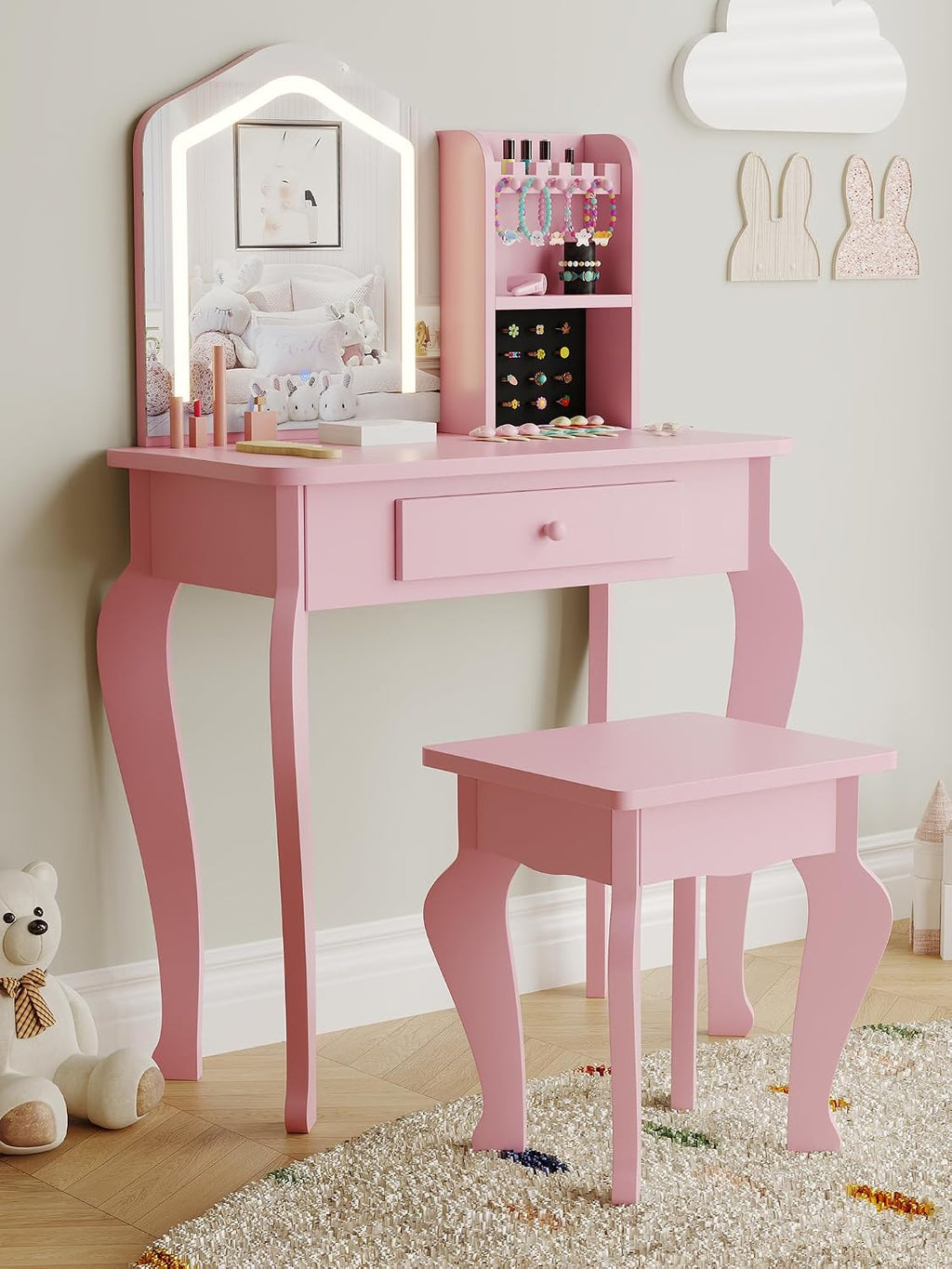 GarveeHome Kids Vanity with Lighted Mirror, Toddler Vanity Table and Chair Set, Girls Makeup Playset, Pink