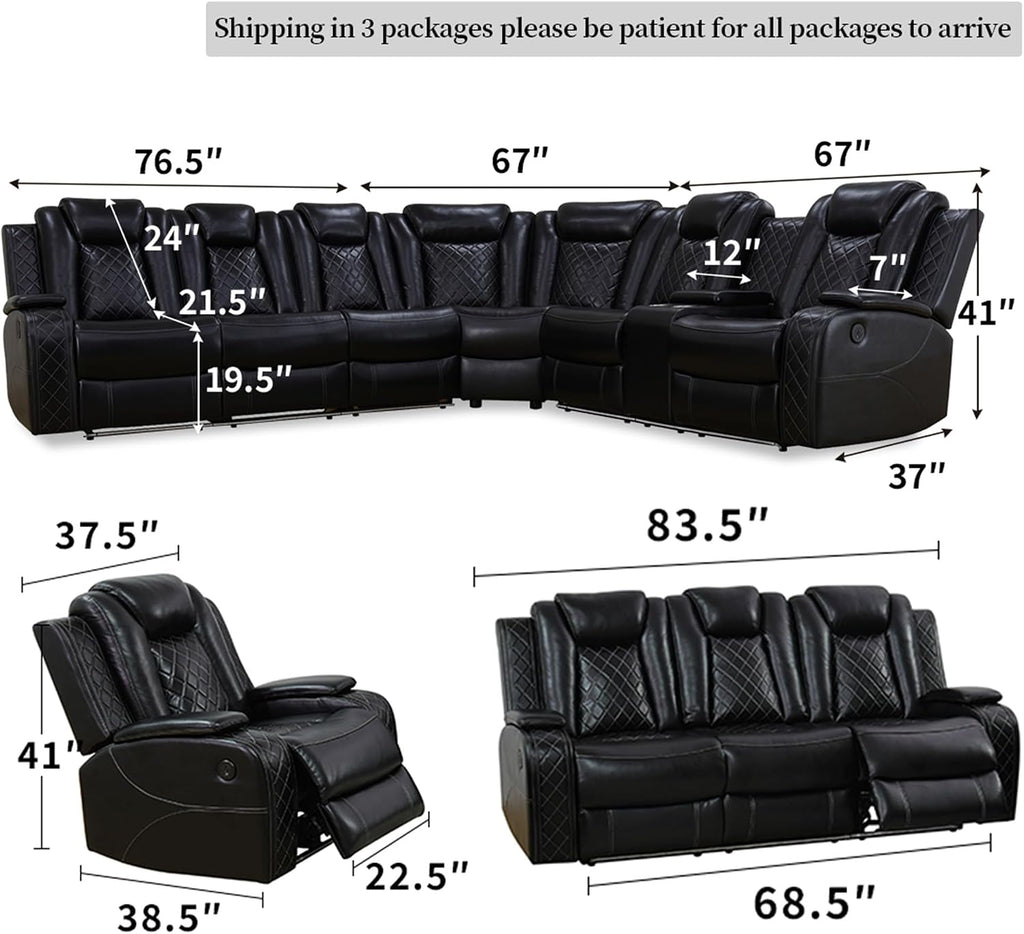 Power Recliner Sofa with Drop-Down Table Cup Holder, Living Room Furniture Sets, Beige Breathing Leather Power Reclining Sofa Set with 5 Recliner Seats,Storage Console for Living Room