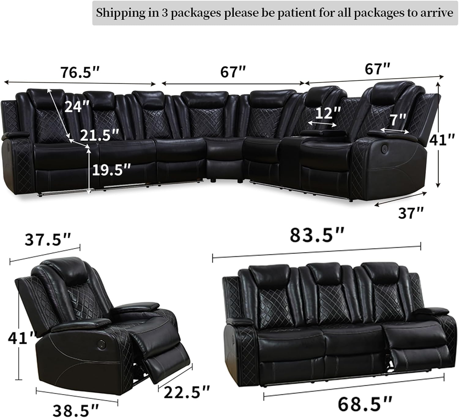 Power Recliner Sofa with Drop-Down Table Cup Holder, Living Room Furniture Sets, Beige Breathing Leather Power Reclining Sofa Set with 5 Recliner Seats,Storage Console for Living Room