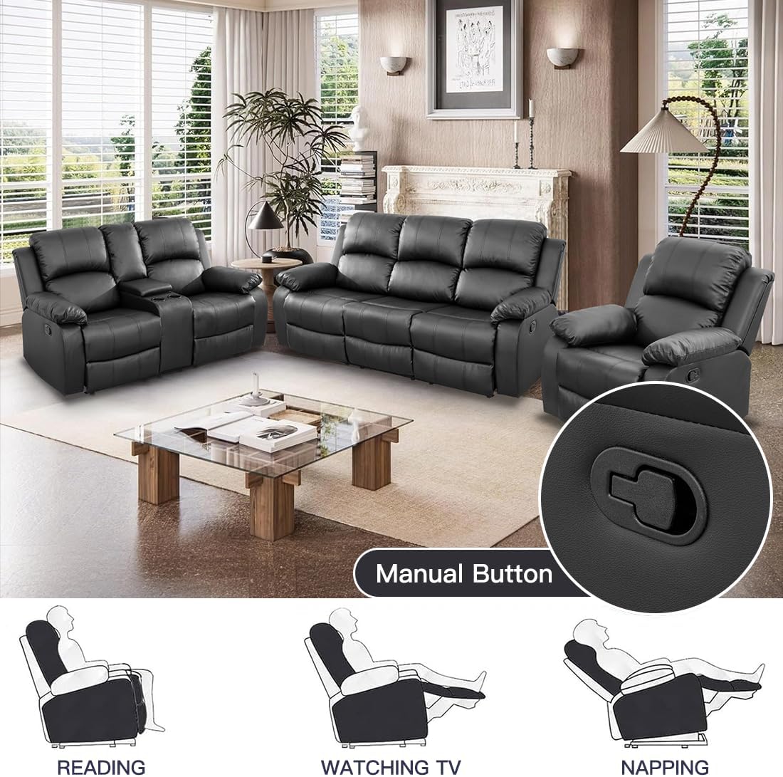 Manual Reclining Couch Sofa Set with Drop-Down Table, 3 Pieces Black Leather Recliner Couch Sets, Living Room Furniture Sets, Recliner Sofa with Storage Console/Cup Holder for Home/Apartment