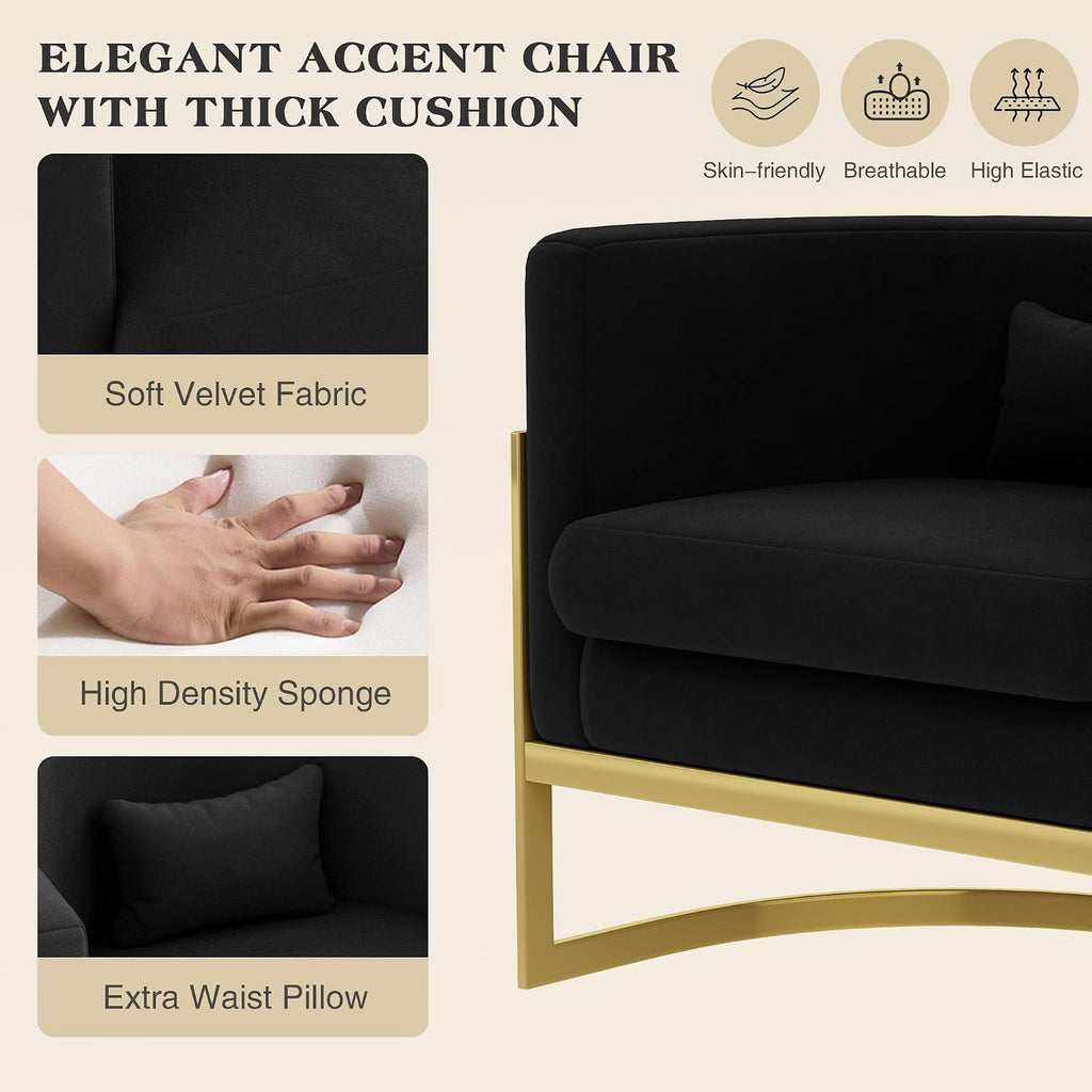Velvet Accent Chair Black Modern Barrel Chair with Gold Legs Upholstered Armchair for Bedroom Living Room Sofa Chair Club Side Chairs