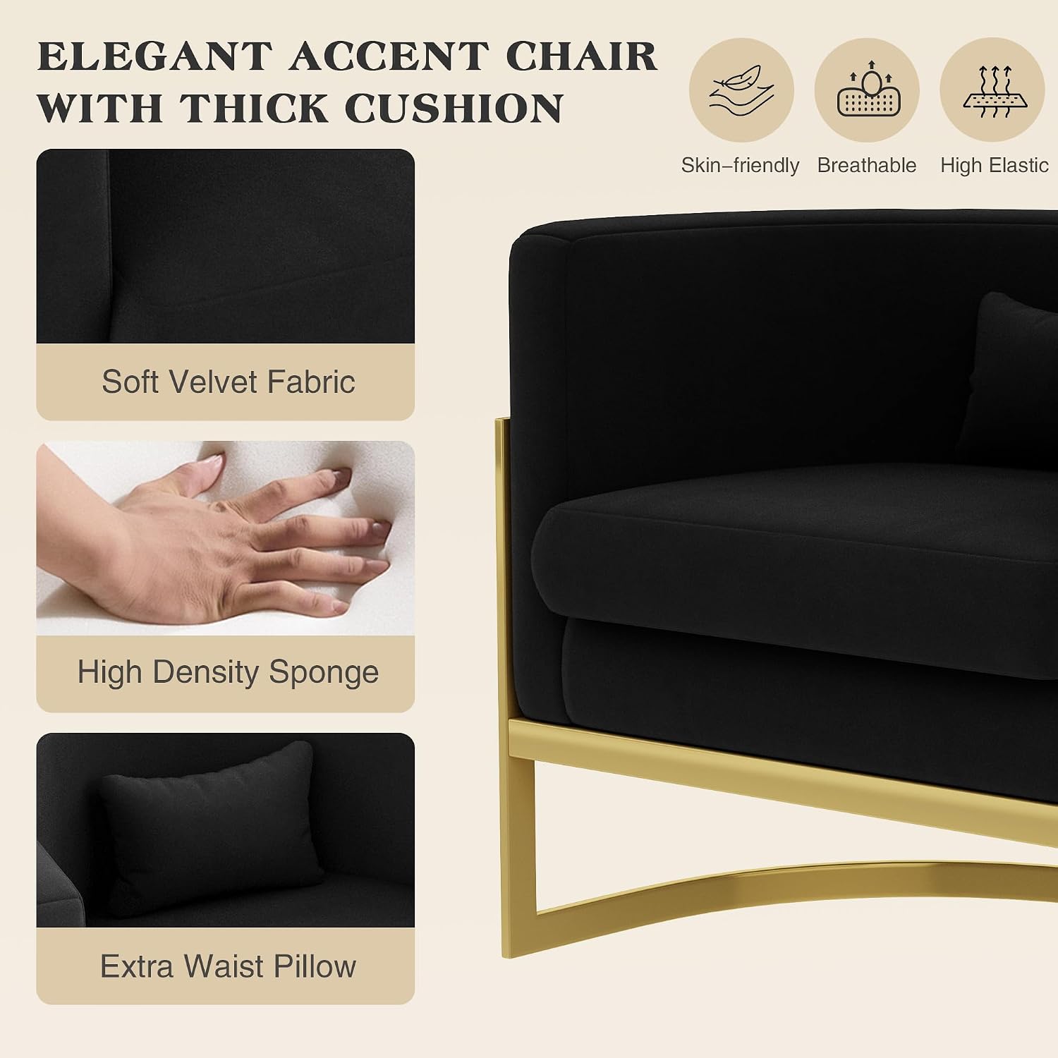 Velvet Accent Chair Black Modern Barrel Chair with Gold Legs Upholstered Armchair for Bedroom Living Room Sofa Chair Club Side Chairs