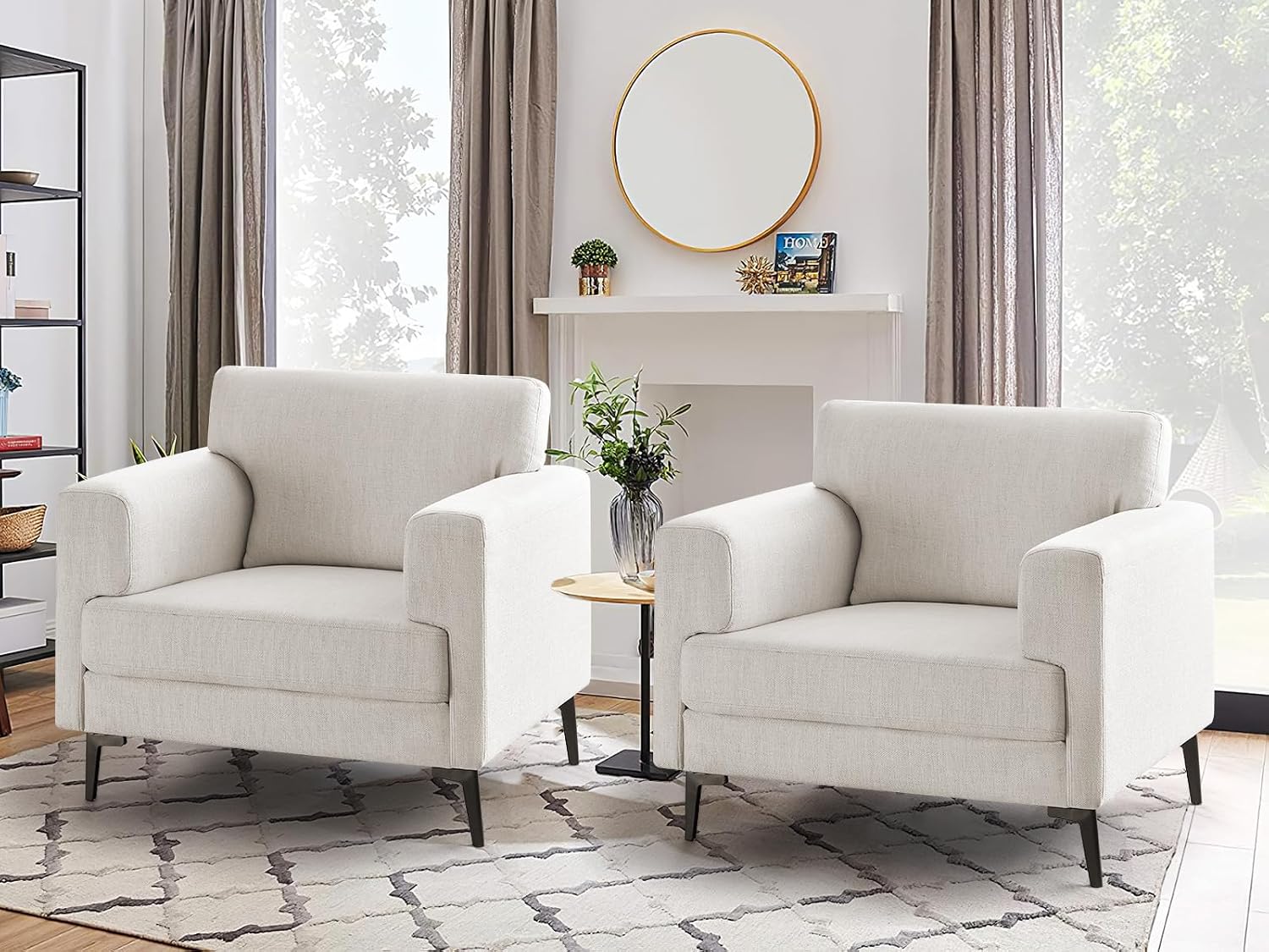 CDCASA Accent Chair, Linen Fabric Oversized Mid Century Modern Chair Set of 2, Comfy Upholstered Armchair Reading Accent Chairs Sofa Chairs for Bedroom Living Room,Beige