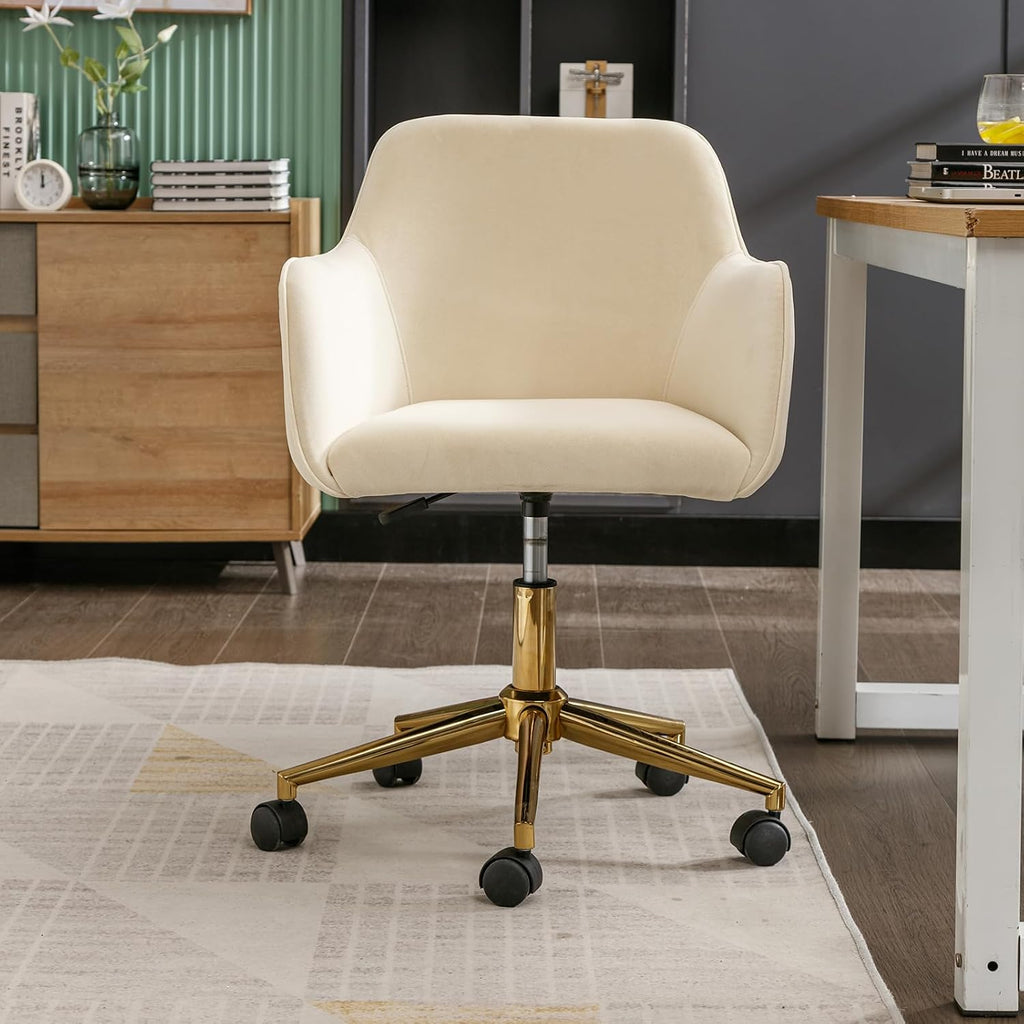 Modern Velvet, Height Adjustable, 360° Swivel Office Chair, Upholstered Cosmetic Dresser Armchair with Metal Feet and Backrest, Bedroom Furniture Beige
