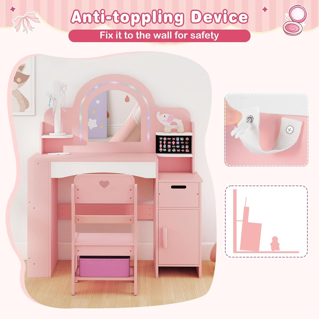 INFANS Kids Vanity with Lights, Princess Makeup Desk with Mirror, Jewelry Hanger, Fabric Drawers, Toddler Table and Chair Set Pretend Play for Girls