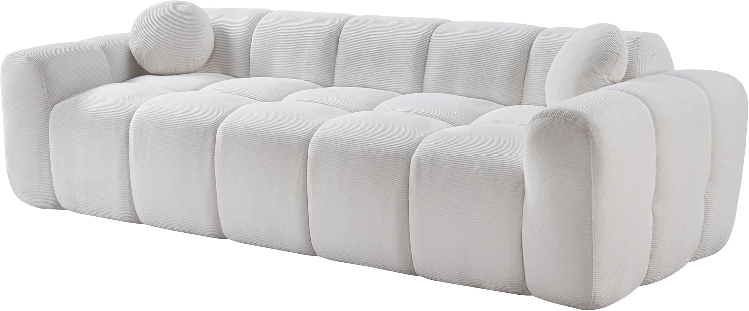98.4-Inch Oversized Boneless Cloud Couches Deep Seat Foam Sofa Couch with 2 Round Toss Pillows, Luxury Corduroy Upholstered 3 Seat Tufted Loveseat, Cloud Sofa in a Box