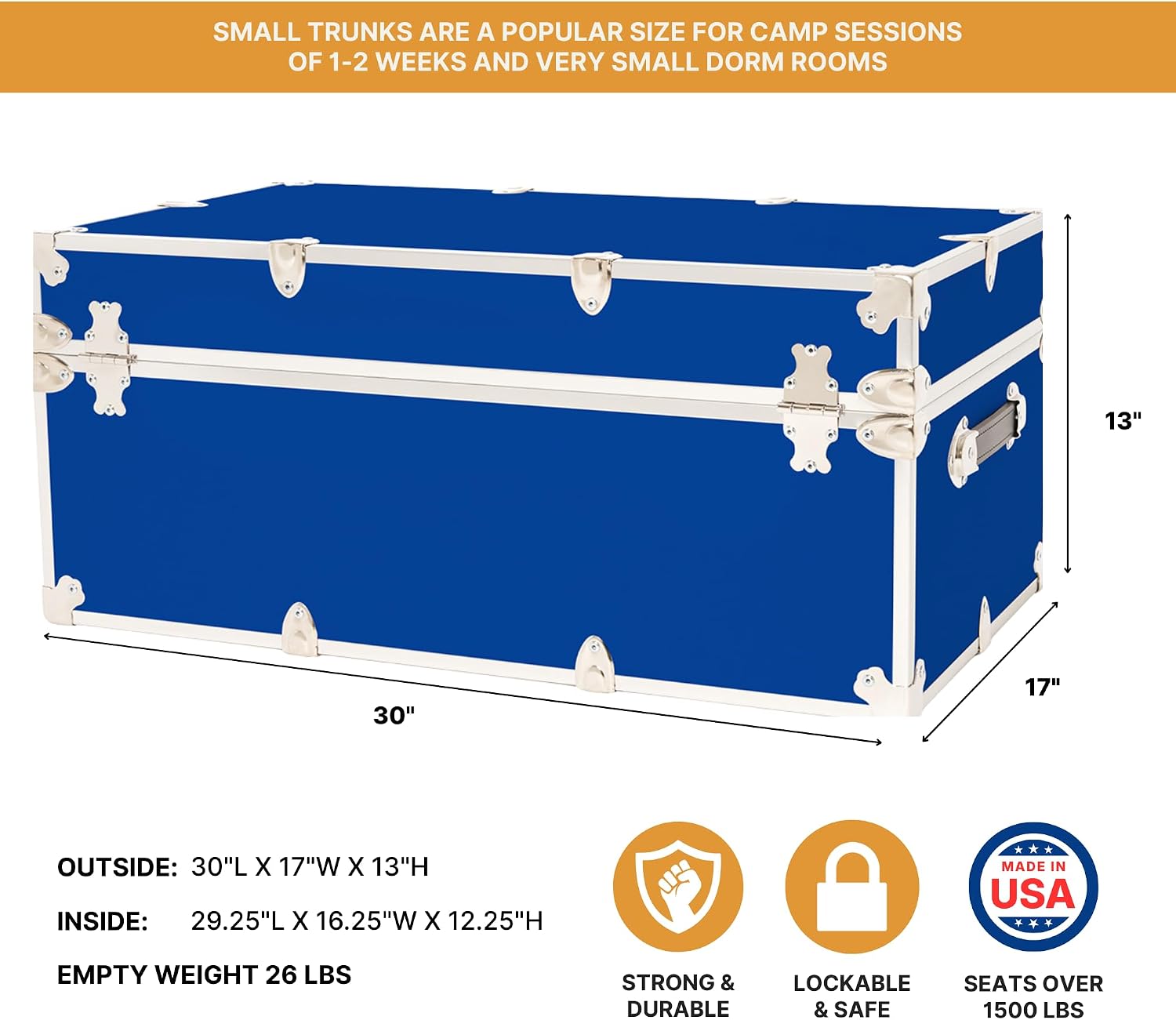Rhino Trunk & Case Classic Camp & College Trunk with Wheels. 30'x17'x13', 1500+ lbs Capacity - Many Colors, Soft-Close Lid. Strong, USA Made Summer Camp Footlocker and Secure Dorm Storage Chest