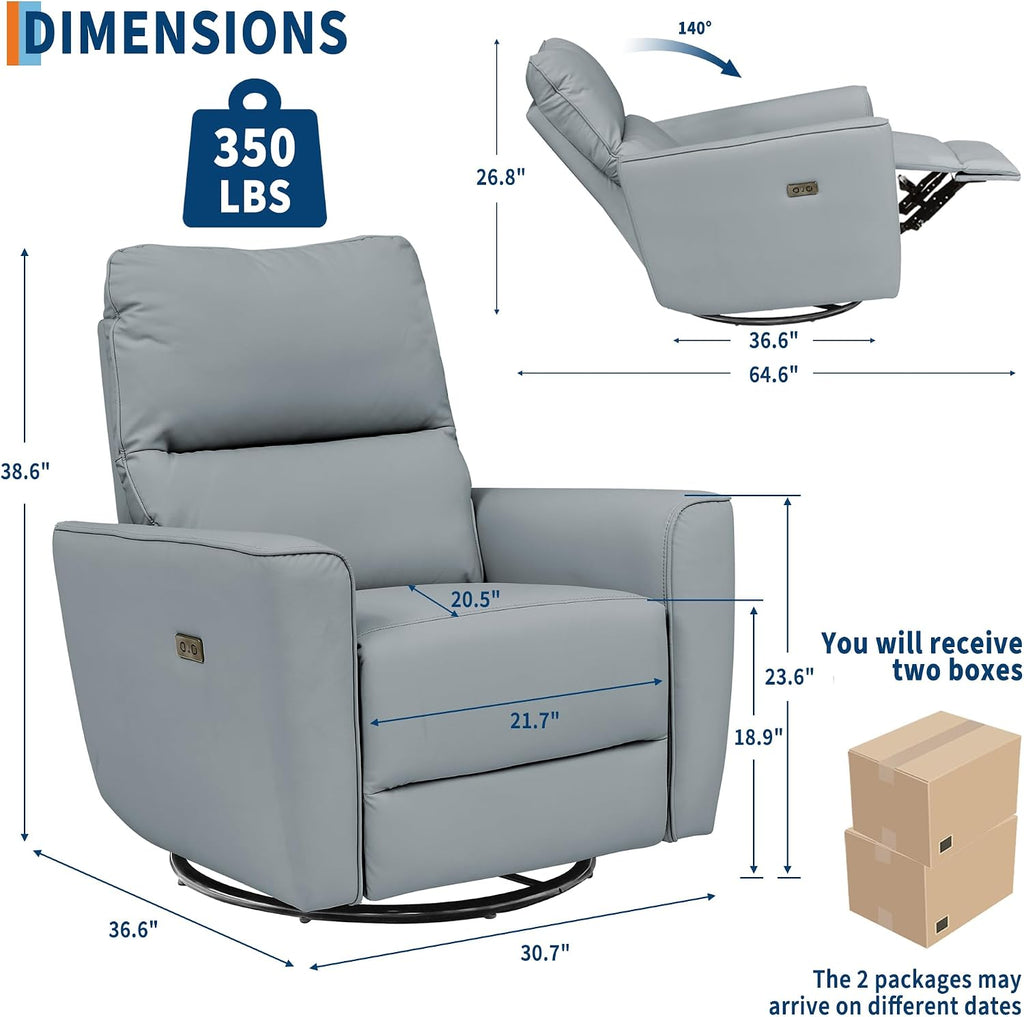 GarveeHome Power Recliner Chair, 270° Swivel Rocking Glider with USB Charging Port, PU Leather Upholstered Fabric, Ergonomic Modern Nursery Chair for Living Room, Bedroom, Nursery (Gray)