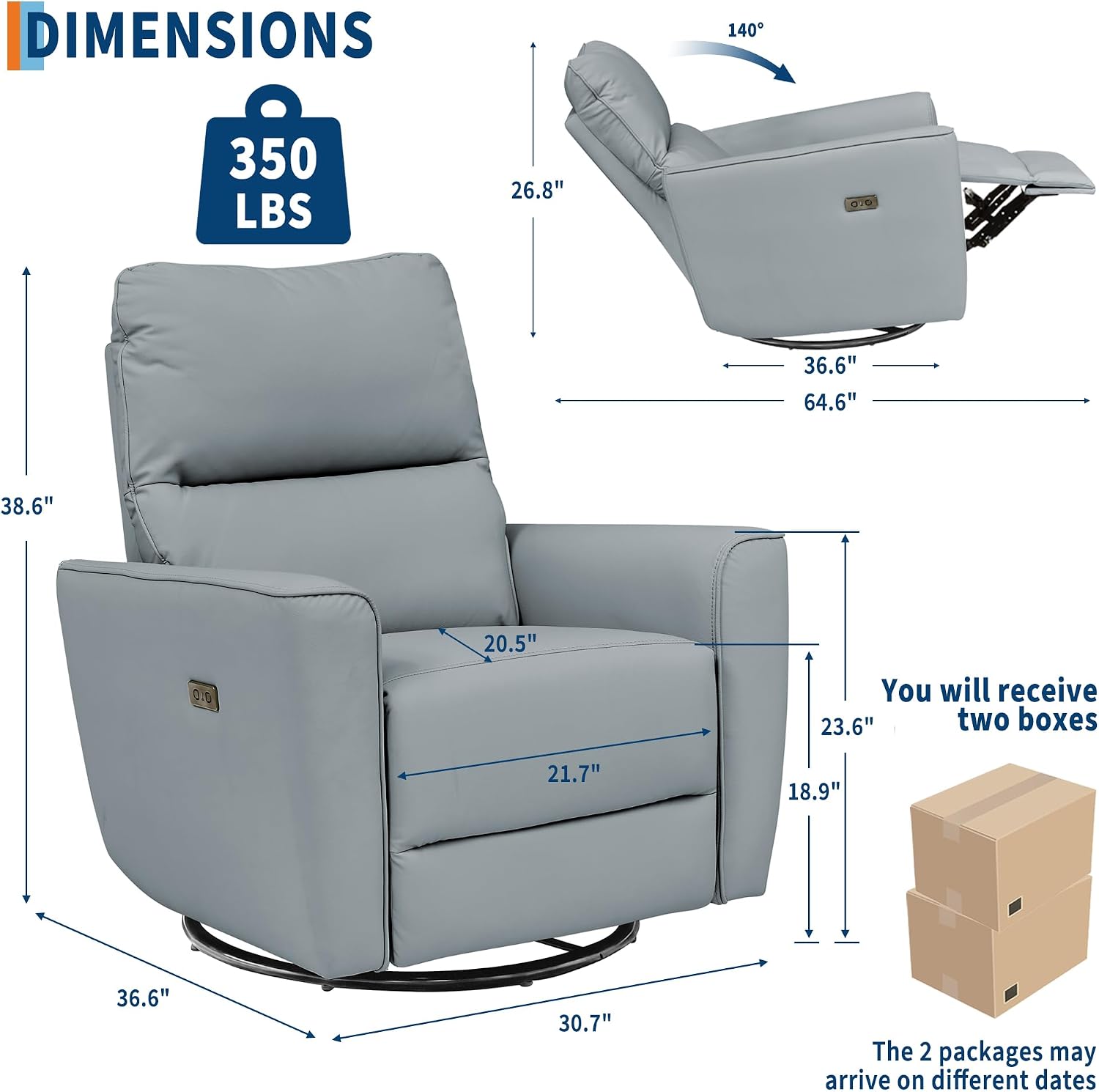 GarveeHome Power Recliner Chair, 270° Swivel Rocking Glider with USB Charging Port, PU Leather Upholstered Fabric, Ergonomic Modern Nursery Chair for Living Room, Bedroom, Nursery (Gray)