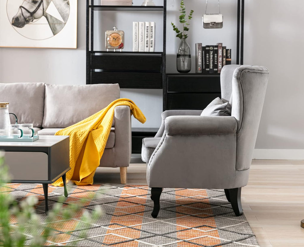Kmax Grey Accent Chair Velvet Wingback Chair with Pillow Nail-Head Channel Tufted Oversized Club Chair for Living Room Bedroom Guest Room