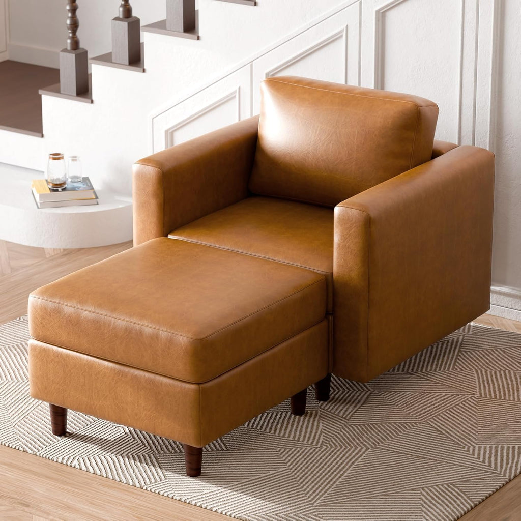ABCASA Faux Leather Oversized Accent Chair with Ottoman,Upholstered Armchair with Storage,Extra-Deep-Seated Modular Single Sofa,Reading Chair with Footrest for Living Room Lounge Chair Brown