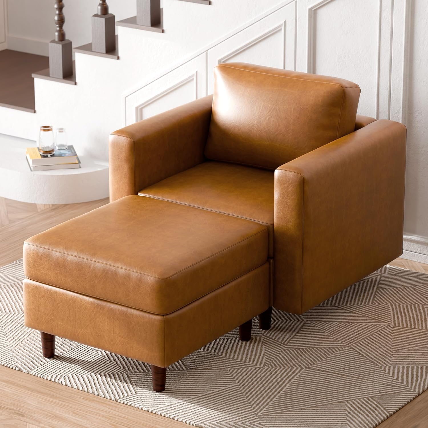 ABCASA Faux Leather Oversized Accent Chair with Ottoman,Upholstered Armchair with Storage,Extra-Deep-Seated Modular Single Sofa,Reading Chair with Footrest for Living Room Lounge Chair Brown