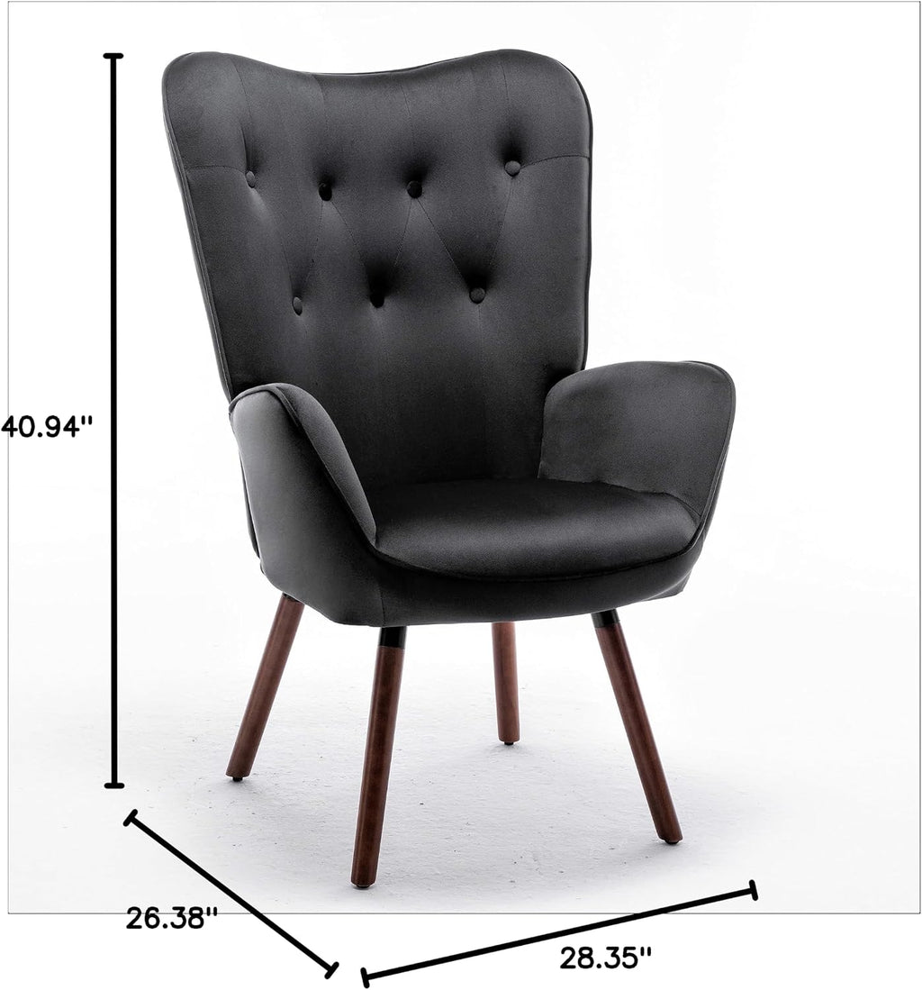 Container Furniture Direct Chic Accent Arm Chairs for Living Room, Bedroom, or Home Office, Button-Tufted Midcentury Armchair with Wingback Design and Splayed Legs, Black
