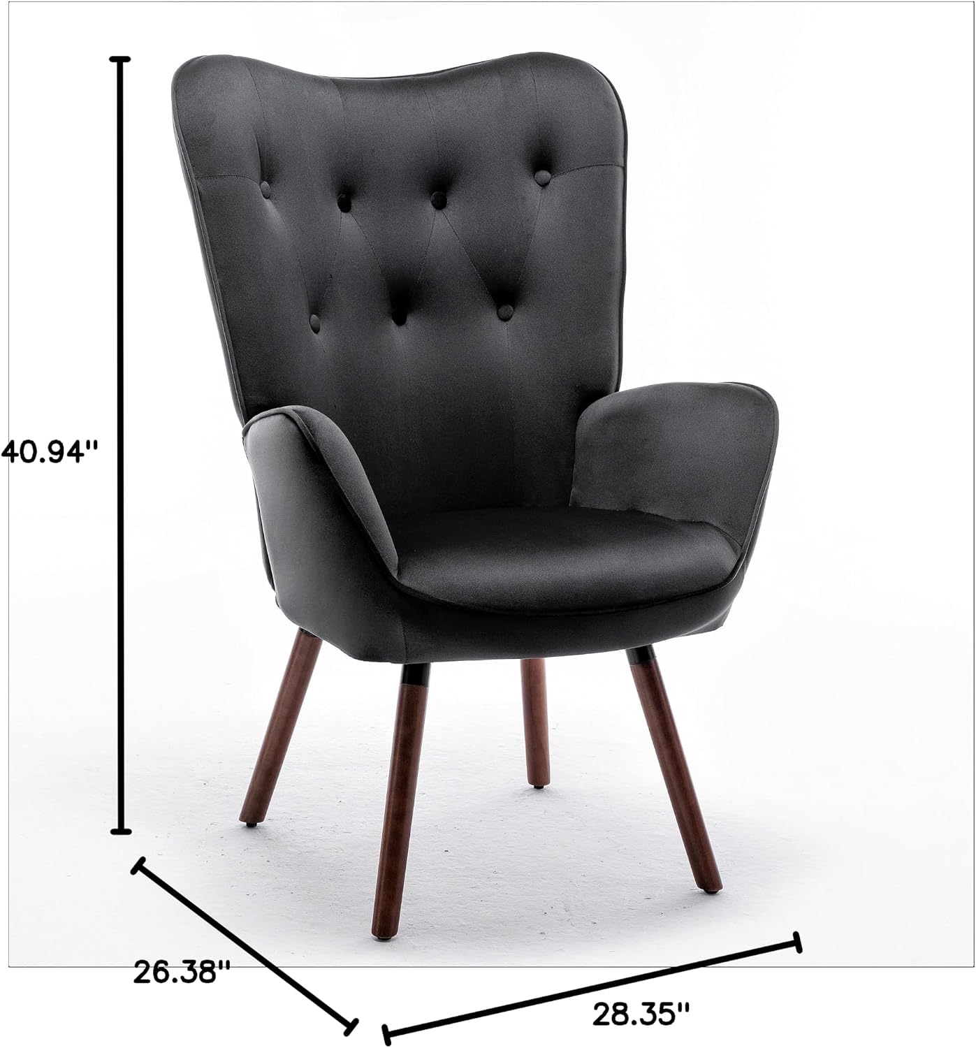 Container Furniture Direct Chic Accent Arm Chairs for Living Room, Bedroom, or Home Office, Button-Tufted Midcentury Armchair with Wingback Design and Splayed Legs, Black