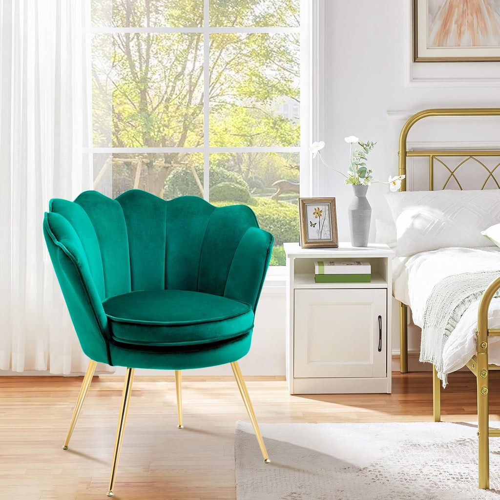 Czlolo Accent Chairs Set of 2 for Living Room, Velvet Upholstered Makeup Room Vanity Chair with Back, Golden Metal Legs Small Accent Side Chair for Bedroom, Cloud Chair Set, 2 Pcs Emerald Green