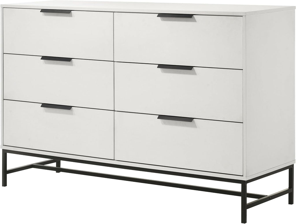 Coaster Home Furnishings - Sonora - Melamine - 6-Drawer Dresser with Contemporary Style, Black Metal Base, Bar Pull Handles, Rectangular Structure, Tip-Over Restraint - Bedroom - White - 224863