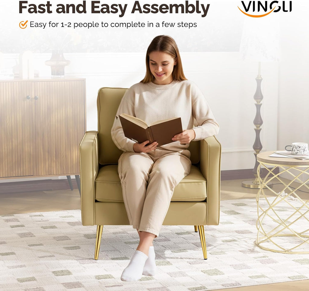 VINGLI PU Leather Accent Chairs Set of 2, Mid-Century Modern Living Room Chairs with Removable Cushions, Gold Legs, Upholstered Sofa Armchair for Bedroom, Office, Apartment, Play Room