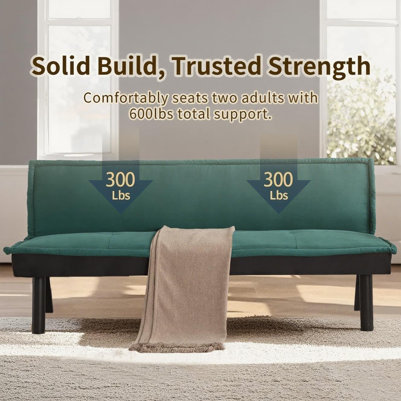 Futon Sofa Bed Couch, 64.6' Convertible Sleeper Sofa with 5 Positions Adjustable Backrest, Velvet Couch Bed with Solid Wood Frame for Home Office Living Room Guest Dorm, Green
