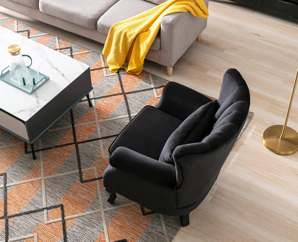 Kmax Black Accent Chair Velvet Wingback Chair with Pillow Nail-Head Channel Tufted Oversized Club Chair for Living Room Bedroom Guest Room