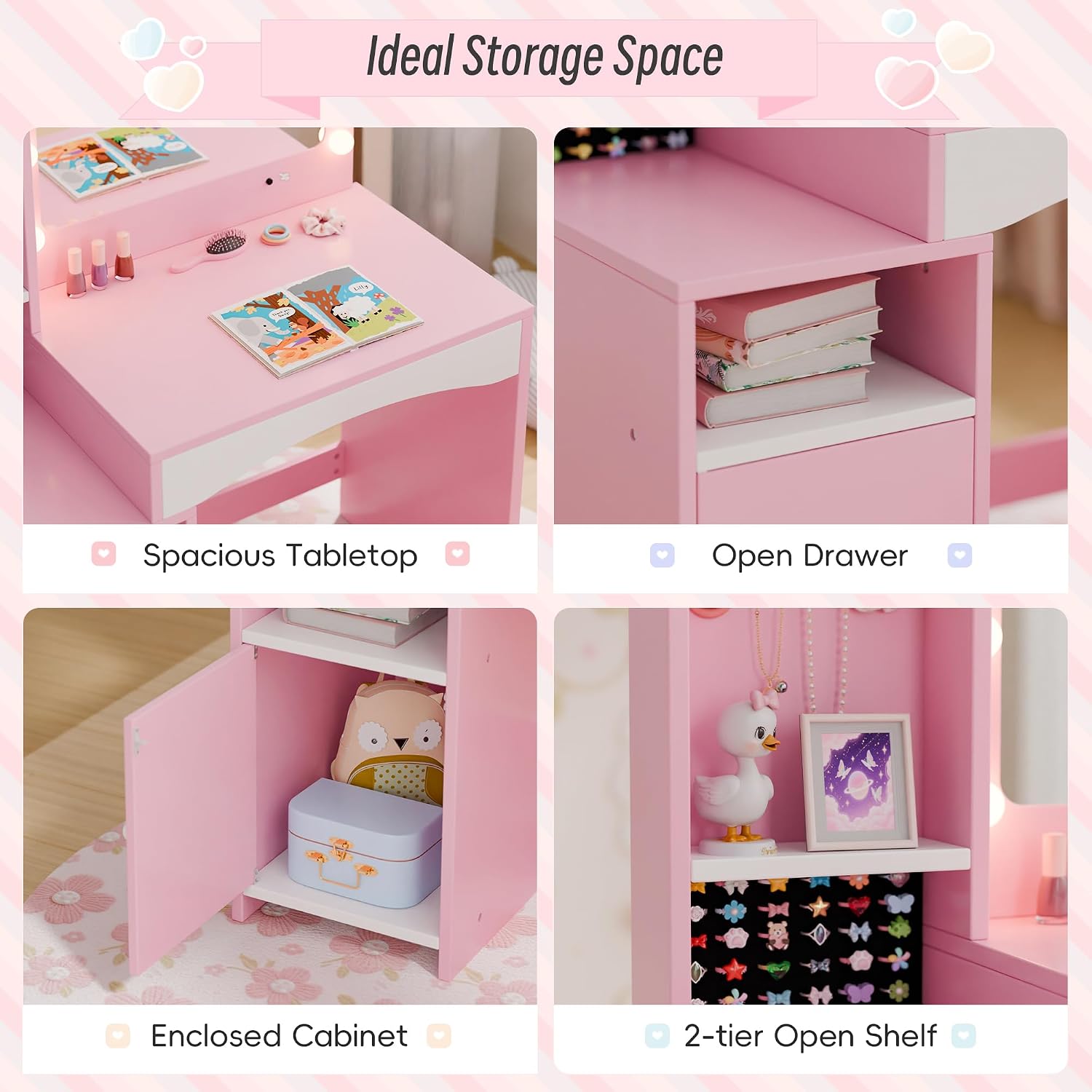Girls Vanity Table and Chair Set, Kids Vanity with Jewelry Organizer for Princess, Toddler Makeup Vanity Desk with Open Shelf, Closed Cabinet and Butterfly Pattern, Pink
