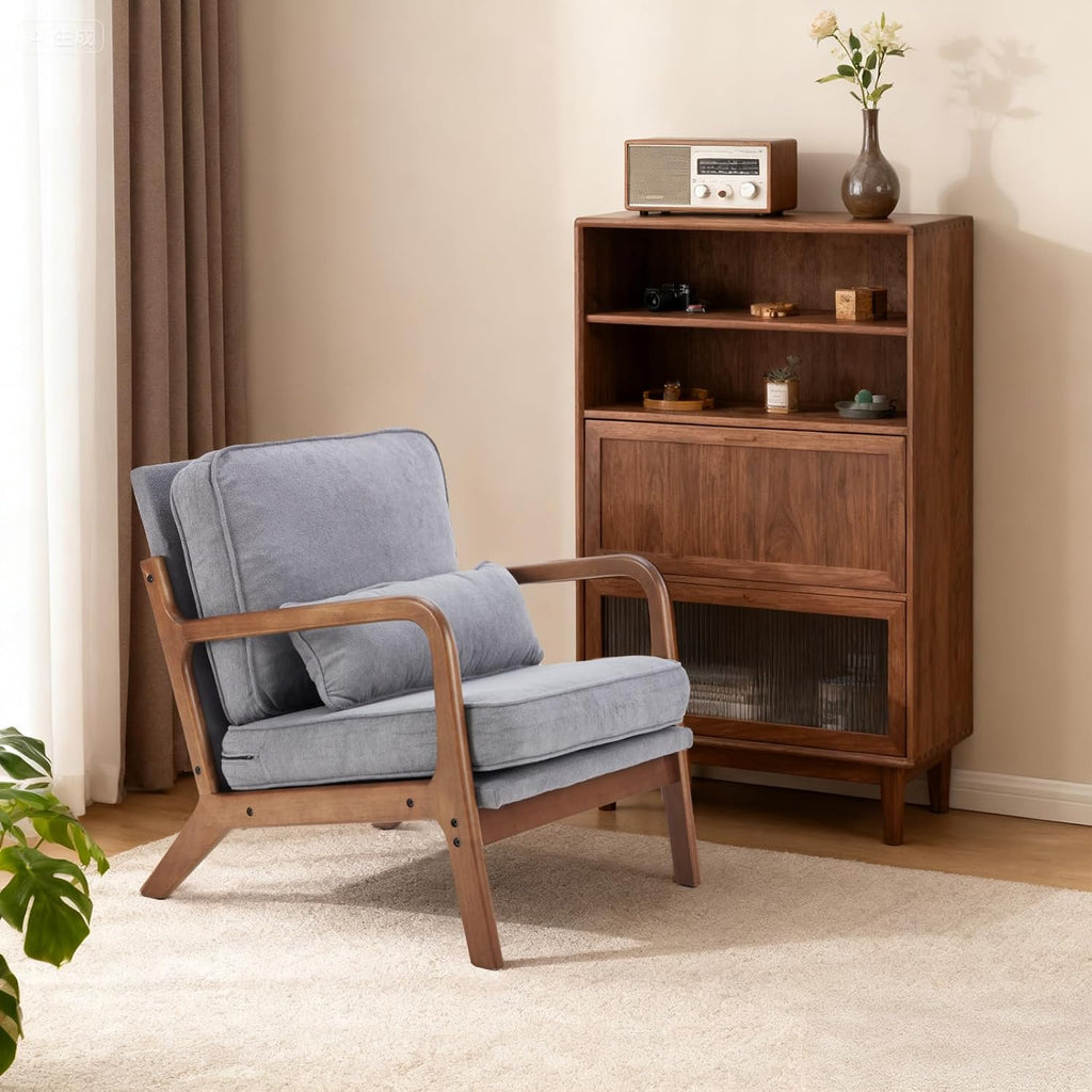 DUMOS Mid Century Modern Chair Set of 2, Accent Chair with Arms and Waist Cushion, Reading Chairs for Adults, Lounge Chair for Living Room and Bedroom, Solid Wooden Frame, Grey