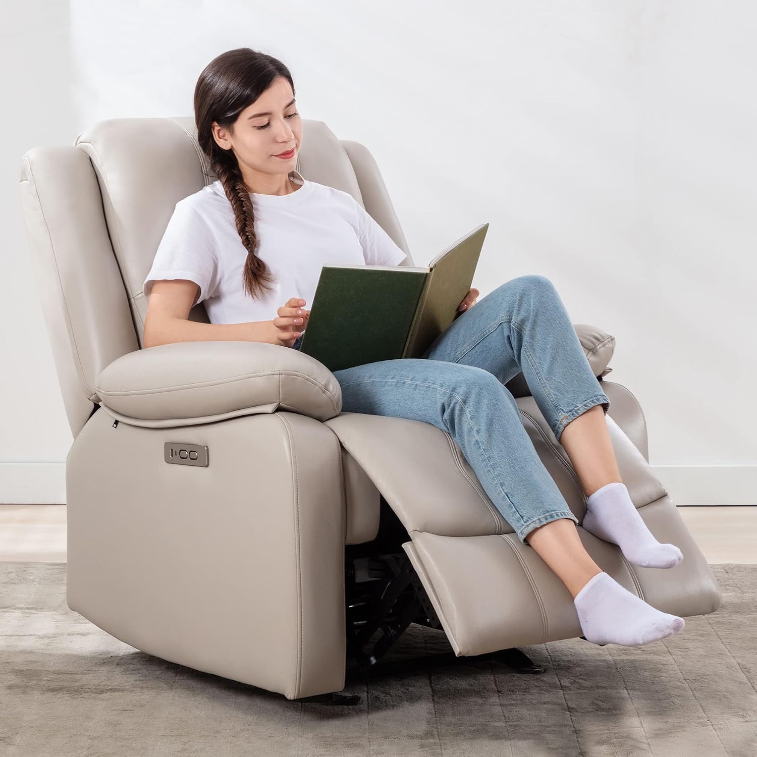 Watson & Whitely Power Recliner Chair for Adults, Faux Leather Electric Reclining Chair for Living Room, Upholstered Recliner with USB Port, Dark Brown