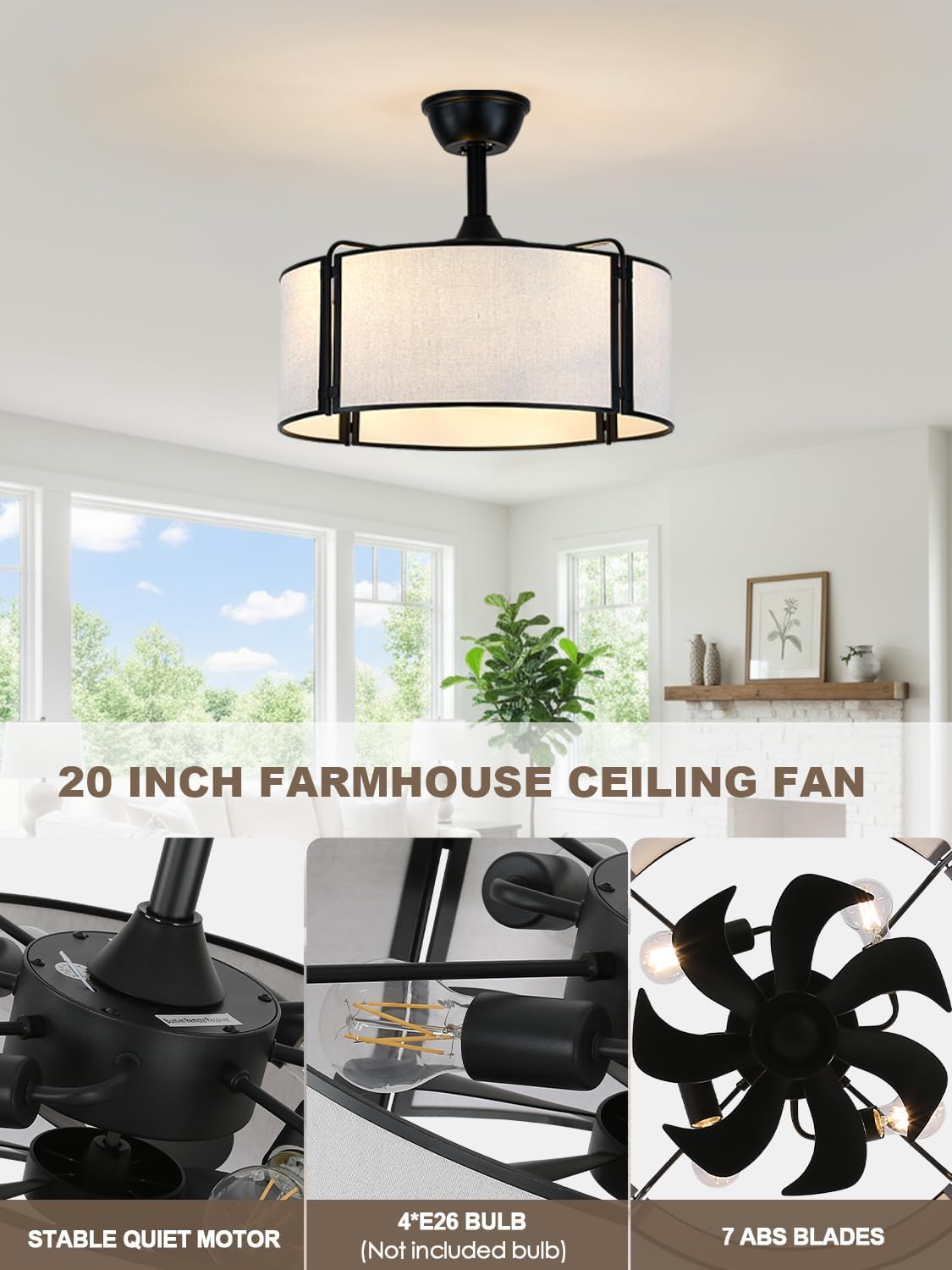 20' Black Caged Boho Fandelier Ceiling Fan with Light, Bladeless Flush Mount Chandelier Fan with Remote Control, 6 Speeds Quiet Reversible Motor for Bedroom, Nursery, Foyer, Dining Room, Living Room