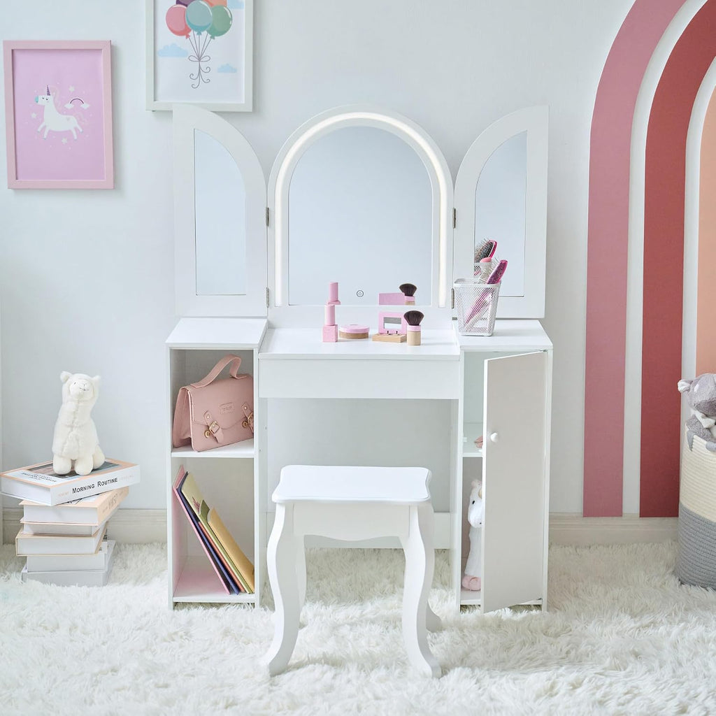 Teamson Kids 2-in-1 White Vanity Desk Set with Mirror & Stool for Girls - Dual Purpose Deluxe Glow Play Makeup Vanity & Desk with LED Lights & Cork Panels for Kids Ages +3