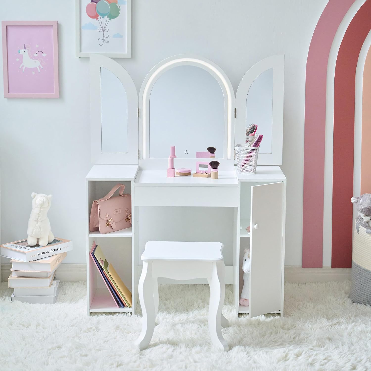 Teamson Kids 2-in-1 White Vanity Desk Set with Mirror & Stool for Girls - Dual Purpose Deluxe Glow Play Makeup Vanity & Desk with LED Lights & Cork Panels for Kids Ages +3