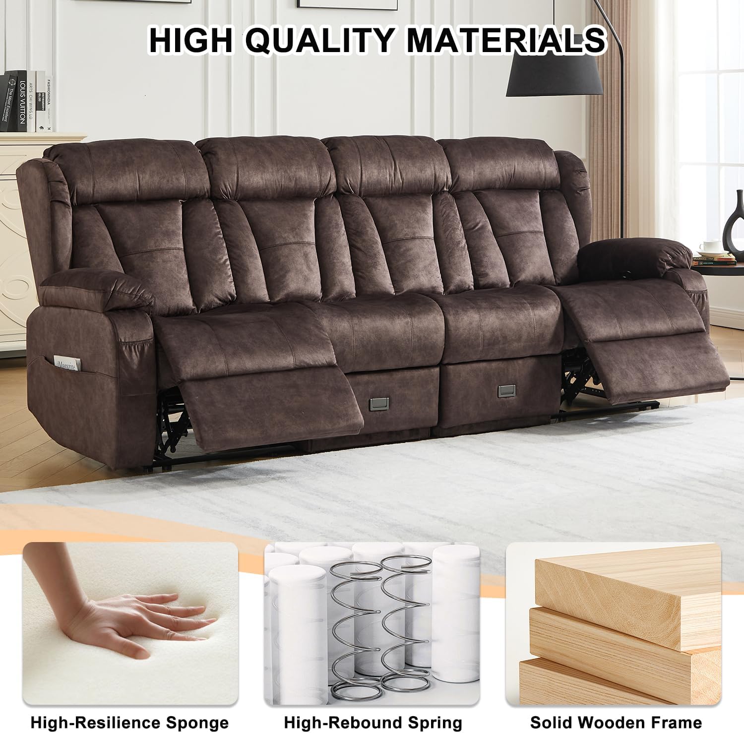 Loveseat Recliner Sofa,4 Seater Recliner Couch, Manual Reclining Loveseat with Console for Living Room, Home Theater Seating with AC/USB C/USB Ports Drawer Cup Holder(Velvet Brown, 4 Seater)