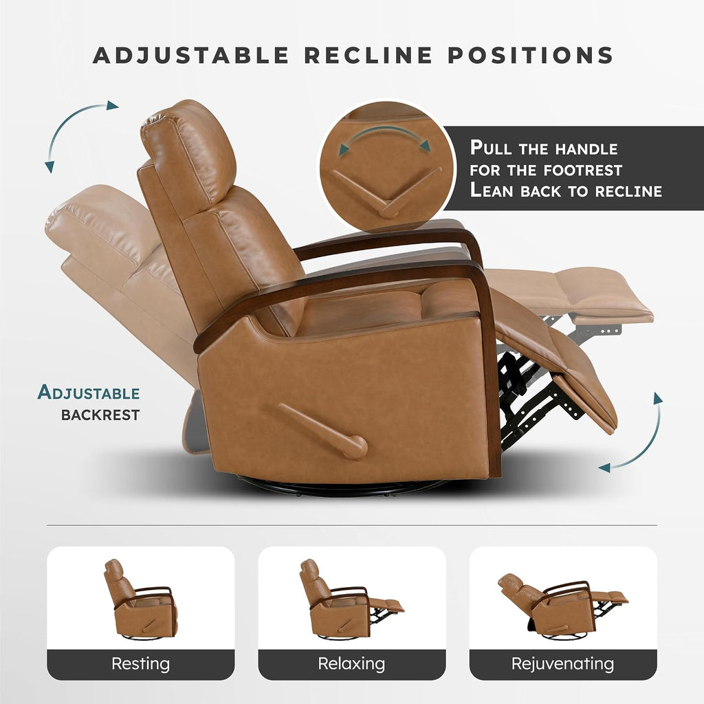 Lexicon 360 Degree Swivel Glider Reclining Chair, Breathable Faux Leather Manual Recliner, Comfy Nursery Glider Recliner, Wood Arms, Pull Handle for Living Room/Office/Bedroom/Apartment, Camel Brown