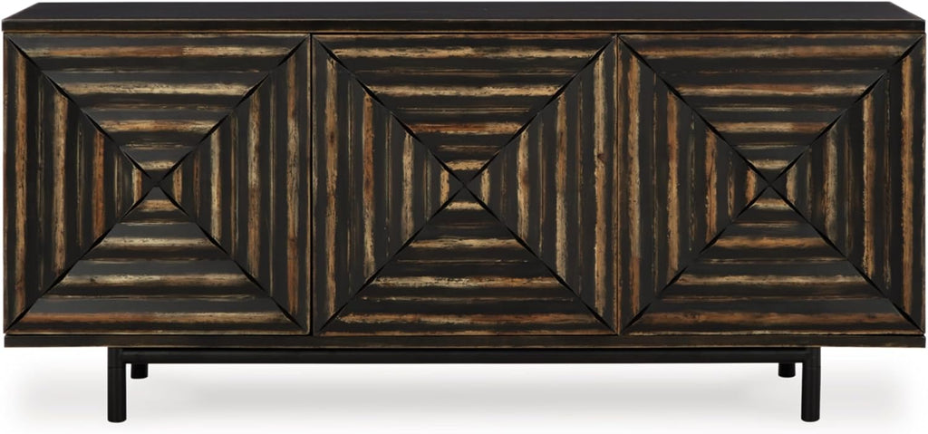 Signature Design by Ashley Fair Ridge Casual Square Patterned 3-Door Distressed Accent Cabinet with 3 Adjustable Shelves, Black & Dark Brown