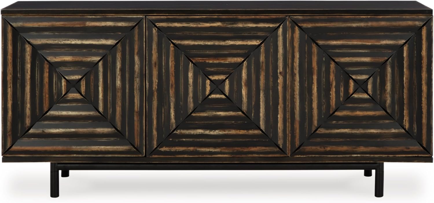 Signature Design by Ashley Fair Ridge Casual Square Patterned 3-Door Distressed Accent Cabinet with 3 Adjustable Shelves, Black & Dark Brown