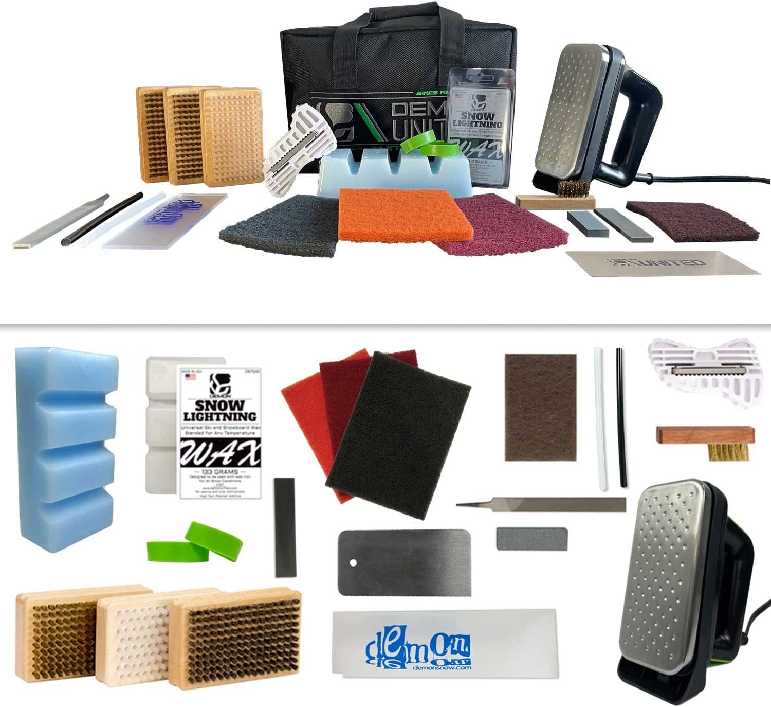 DEMON UNITED USA BE Wild Edition Ski & Snowboard Tuning Kit, Hyper Wax, Wax Iron, Lightning Wax, 3 Buff Pads, Edge Tuner, 3 Pack Brush Kit, & More!
