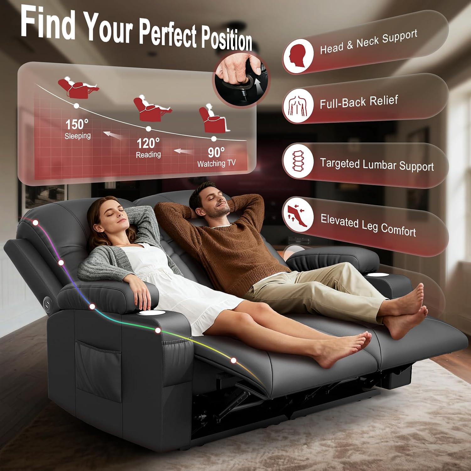 FURNIMAT 2026 Fabric Loveseat Recliner Sofa, 2 Seater Reclining Loveseat Sofa, RV Loveseat Couch, Modern Recliner Chair for Living Room, with Cup Holder and 2 Cell Phone Holders, USB Ports, Black