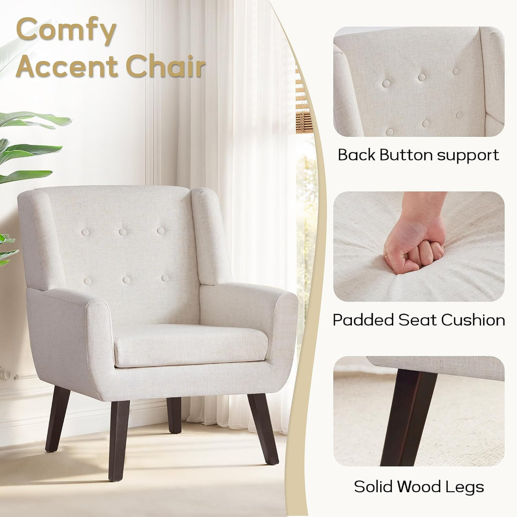 HUIMO Accent Chair for Living Room, Upholstered Button Tufted Armchair with Wooden Legs, Linen Fabric Sofa Chairs for Bedroom, Living Room, Mid-Century Modern Comfy Reading Chair (Beige)