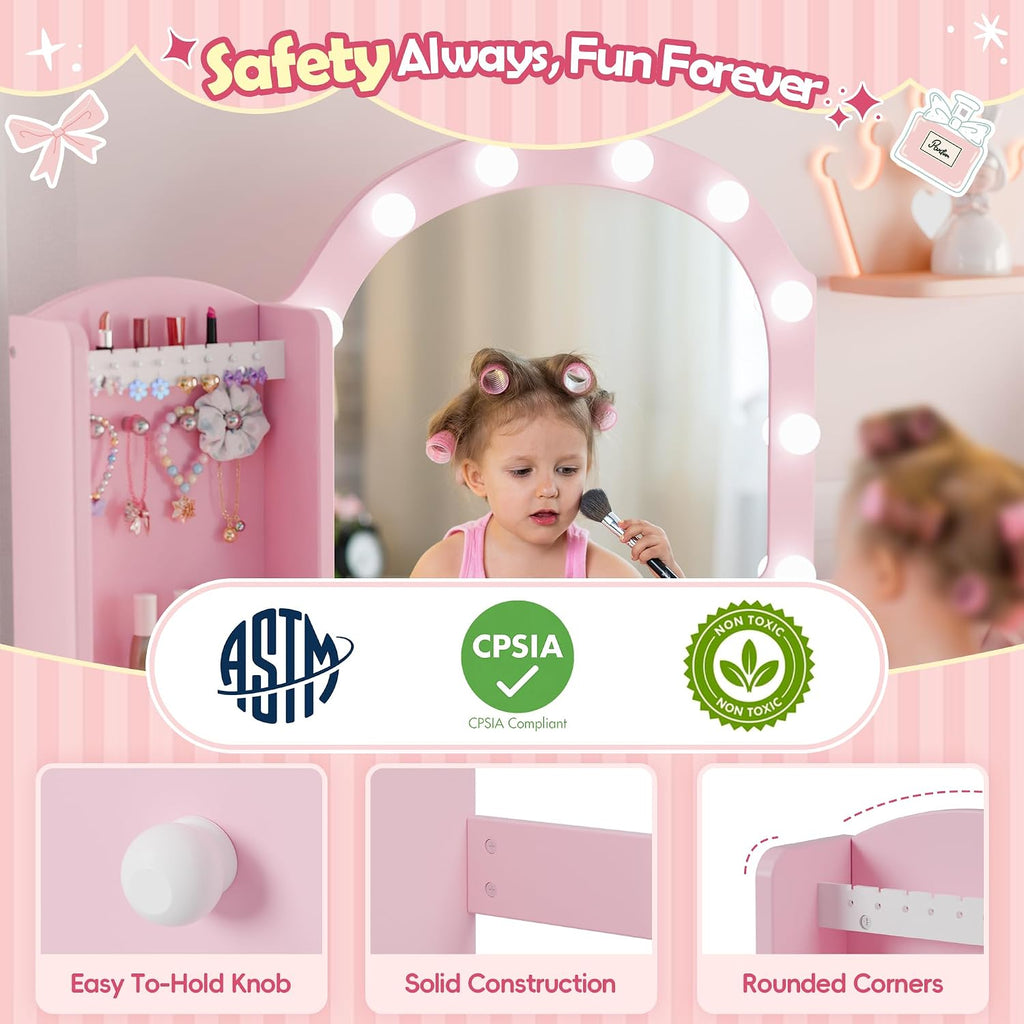 MU Kids Vanity, Girl Vanity Set with Mirror and Chair, 2 in 1 Toddler Makeup Vanity Table with Jewelry Storage, Wooden Princess Makeup Desk Dressing Table for Little Girls, Pink